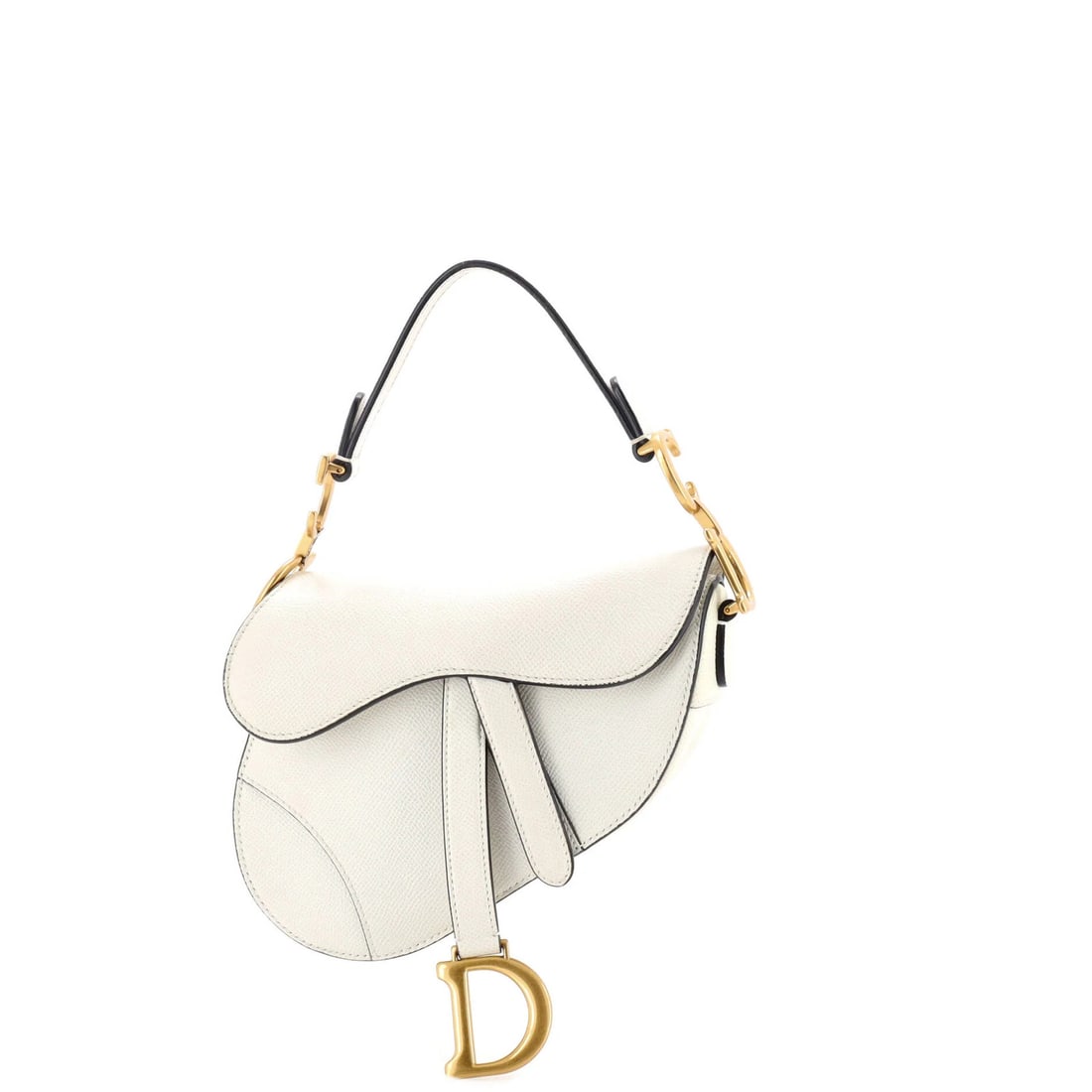 Mini Leather Christian Dior Saddle Handbag: Mini Leather Christian Dior Saddle Handbag Mini Leather Christian Dior Saddle Handbag in neutral exterior color, featuring a classic saddle style with a 5" handle drop and aged gold hardware. The