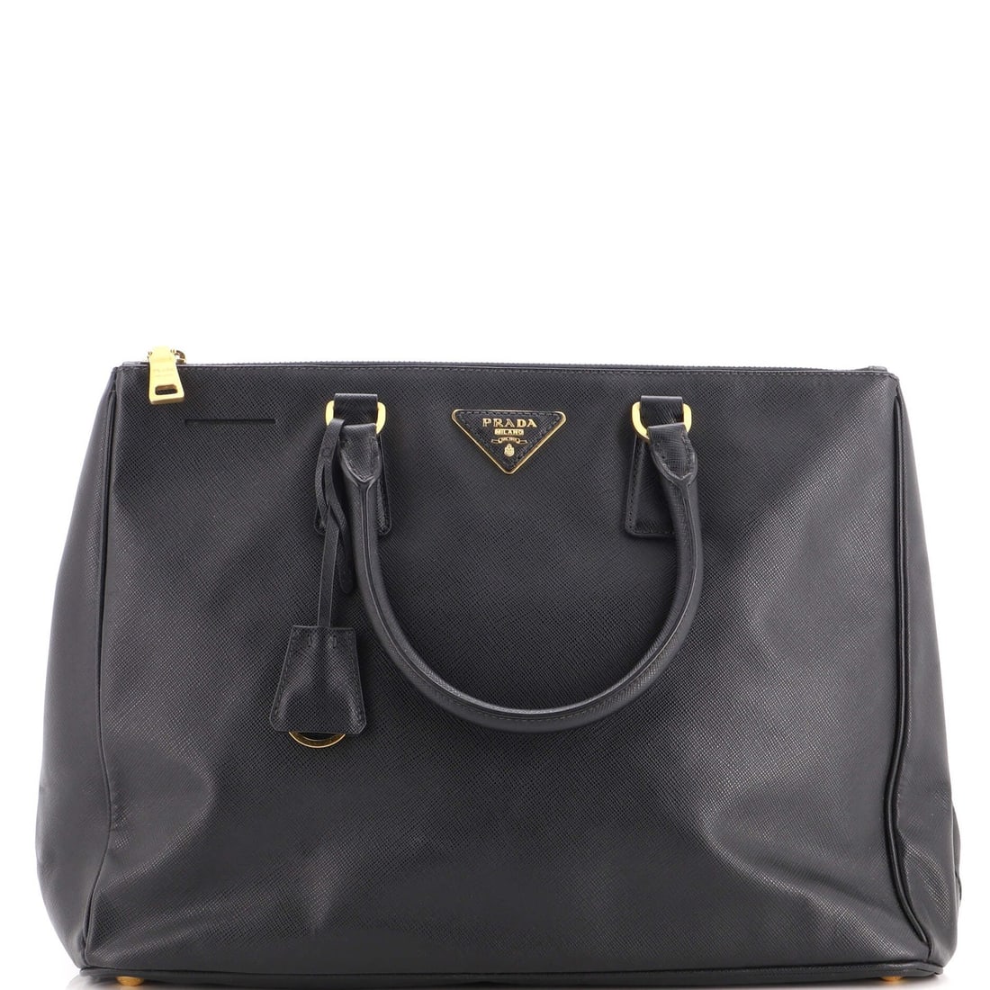 Saffiano Leather Double Tote Lux Prada Large: Saffiano Leather Double Tote Lux Prada Large Saffiano Leather Double Tote Lux Prada Large - A luxurious black tote with a spacious interior and gold hardware, featuring a sturdy Saffiano leather