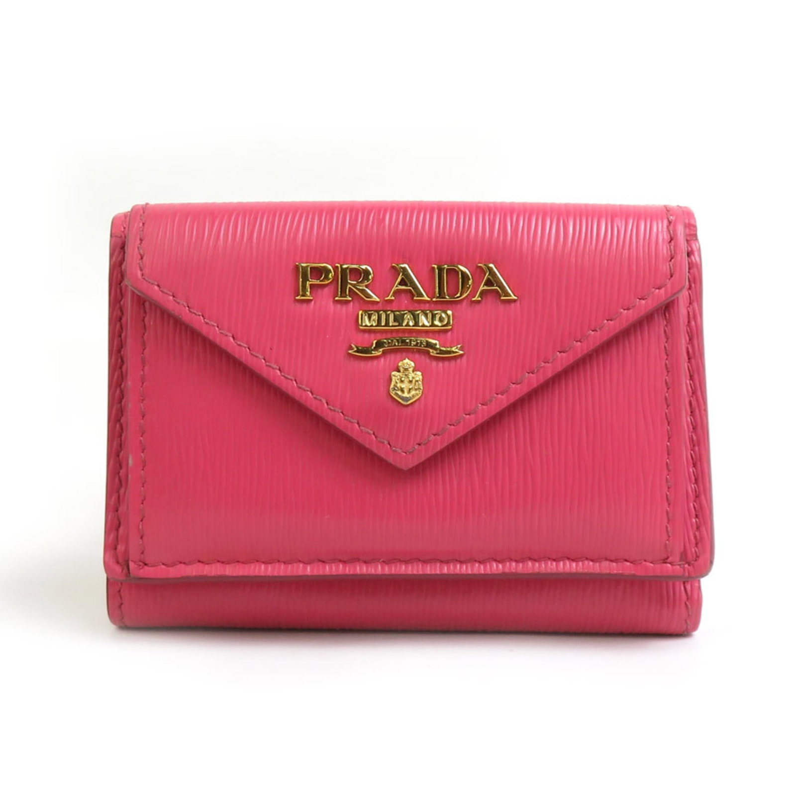 Prada Wallet (Tri-Fold) Leather: Prada Wallet (Tri-Fold) Leather Prada's tri-fold leather wallet is a stylish accessory, featuring a soft pink color and a compact design that measures 7cm x 10cm x 3cm. The wallet comes with a sturdy