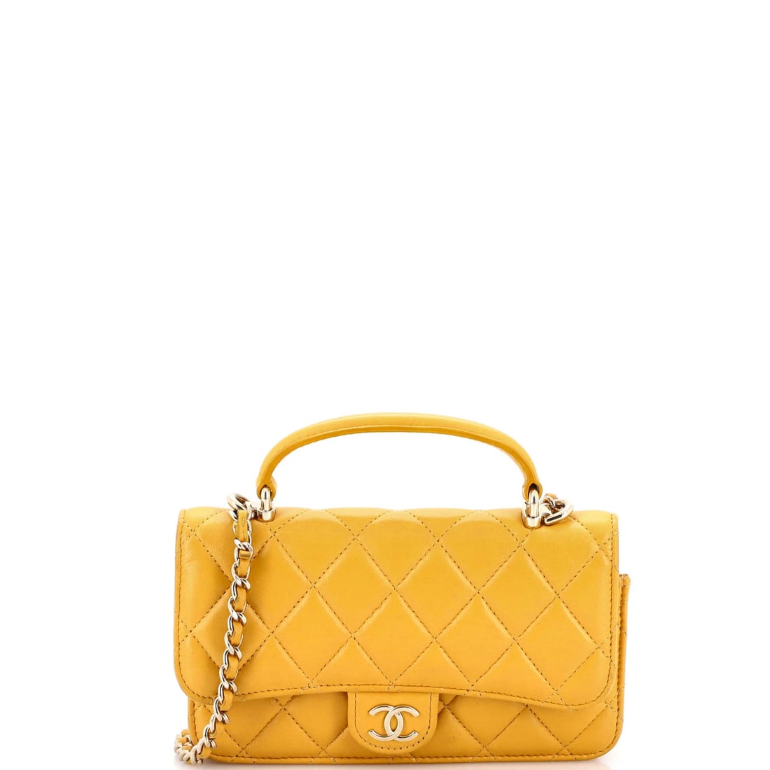 Classic top handle flap phone holder chain quilted lambskin: Classic top handle flap phone holder chain quilted lambskin Yellow quilted lambskin exterior, gold tone hardware, and a classic design make this cross body bag stand out. The bag features a top