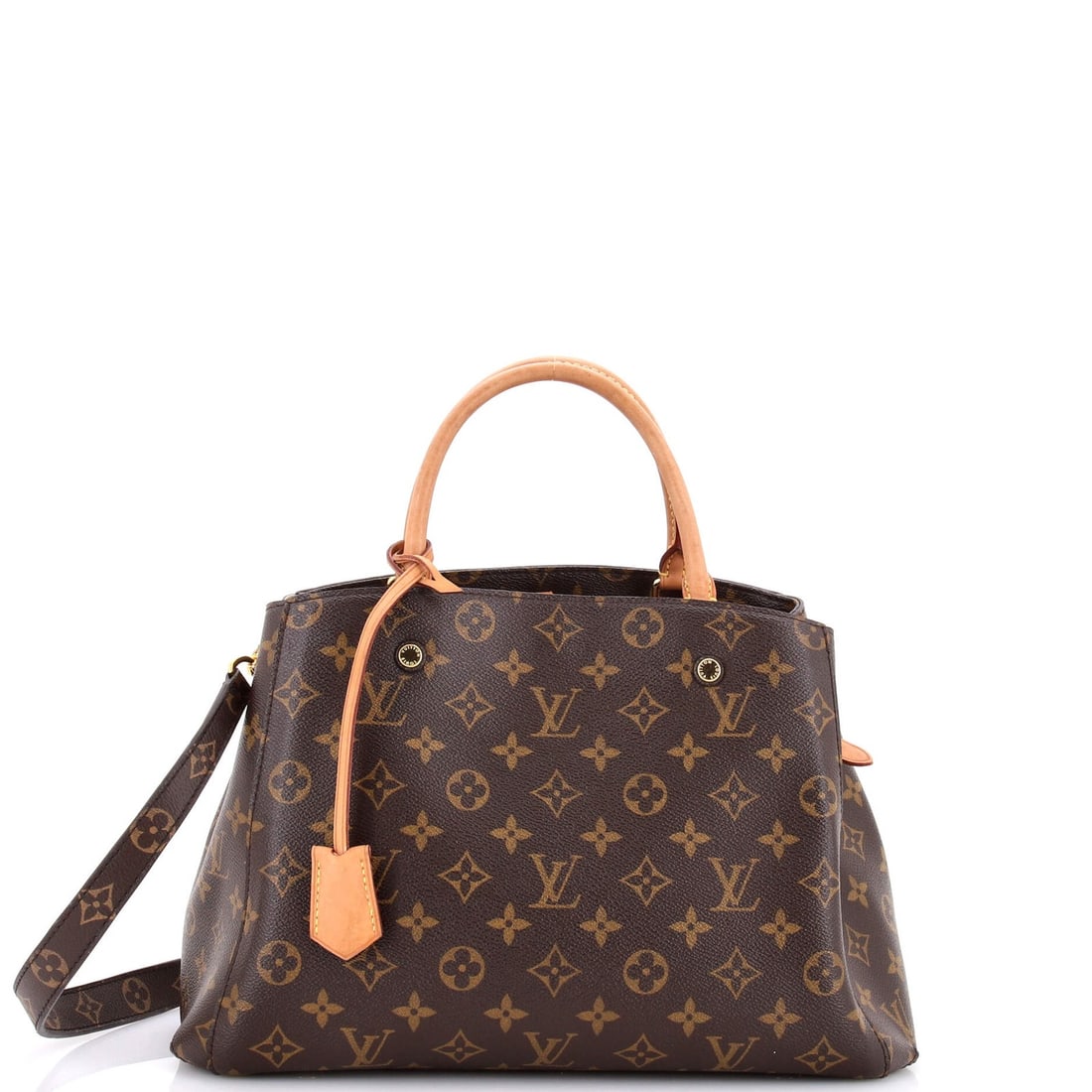 Vuitton Louis Handbag Monogram Canvas MM Montaigne: Vuitton Louis Handbag Monogram Canvas MM Montaigne Brown Montaigne Louis Vuitton MM Monogram Canvas Tote features a classic design with a canvas coated exterior and a gold clochette with strap. The