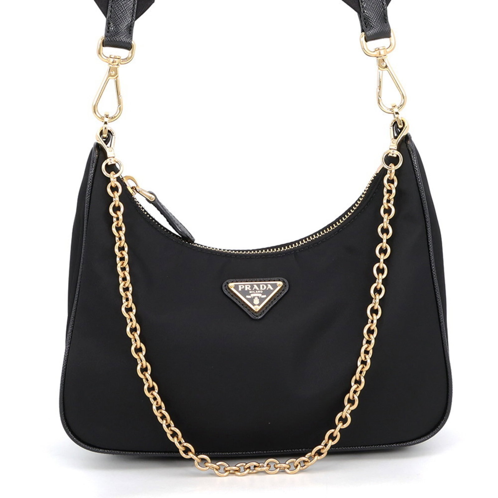 Shoulder Bag Nylon Handbag Prada: Shoulder Bag Nylon Handbag Prada Black Prada nylon shoulder bag with gold hardware, measuring 12cm x 22cm x 6cm, weighing 350g, and adjustable strap length of 77cm - 109cm. This stylish handbag