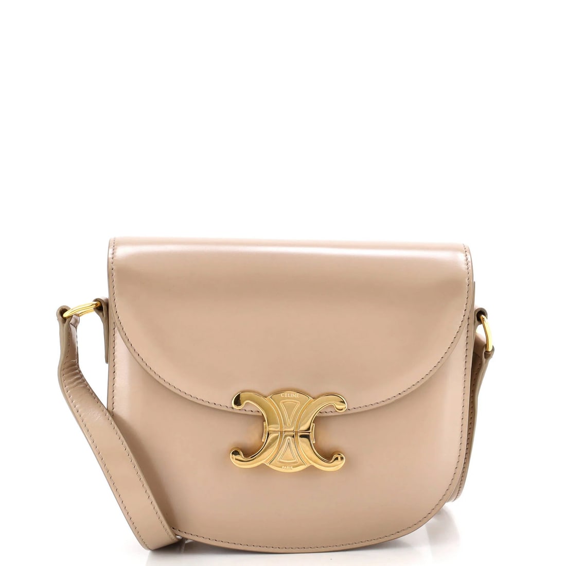 Celine Triomphe Besace Clea Flap Bag Leather: Celine Triomphe Besace Clea Flap Bag Leather Celine Triomphe Besace Clea Flap Bag Leather is a neutral-colored, leather shoulder bag with a gold-tone flap and interior. Measuring 6" high, 7" wide,