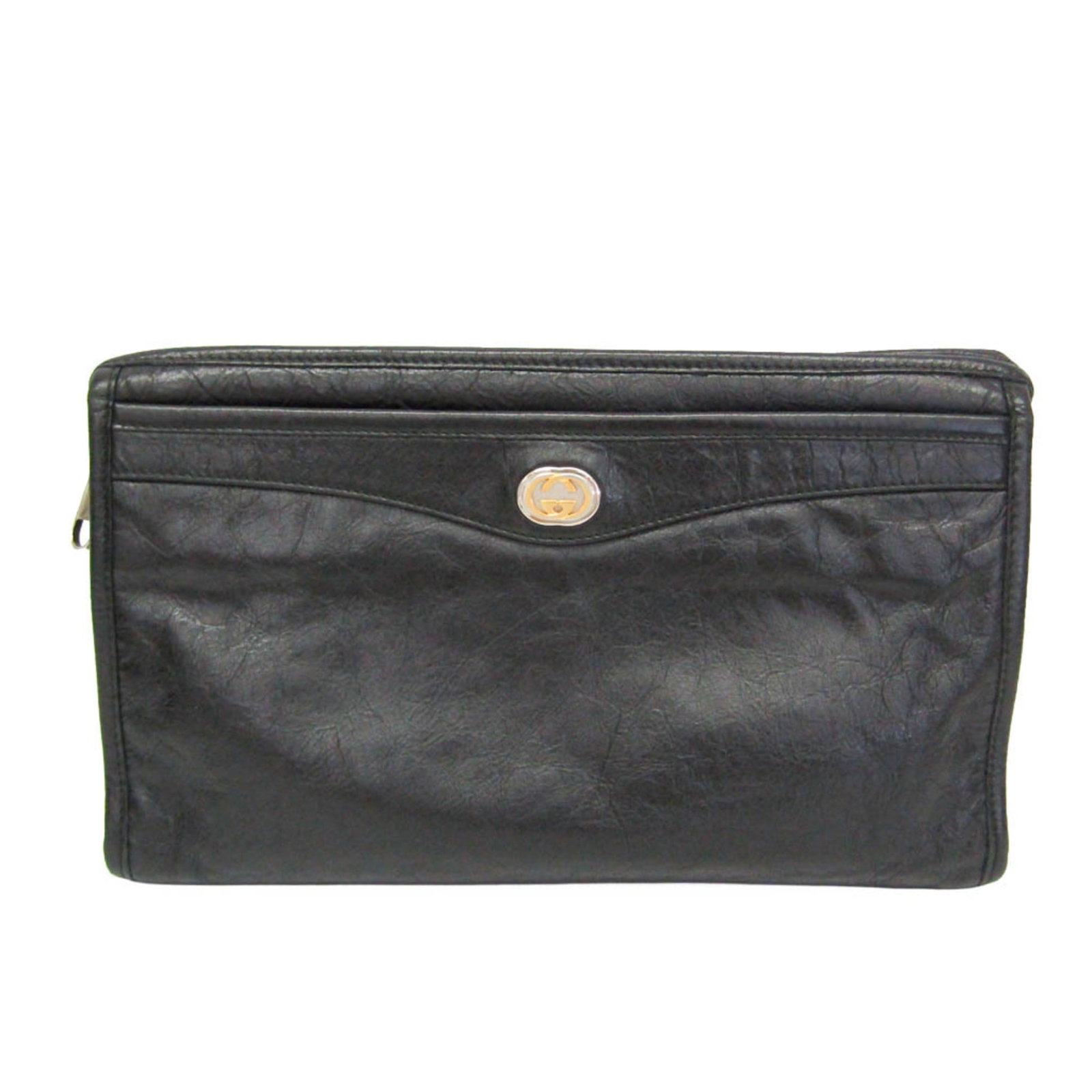 Gucci Clutch Leather Bag: Gucci Clutch Leather Bag Gucci's Interlocking 575991 Clutch bag boasts sleek black leather and a convenient zipper closure. The bag features two practical pockets, including a zipper pocket and a magn