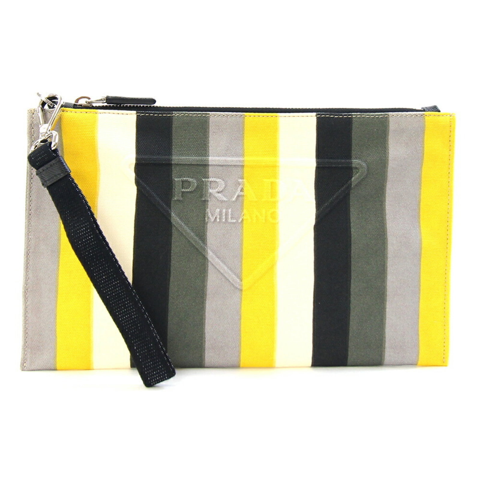 Canvas Leather Prada Bag Clutch: Canvas Leather Prada Bag Clutch Canvas Leather Prada Bag Clutch - A statement piece with a unique blend of canvas and leather materials, this multi-color clutch features a distinctive design that