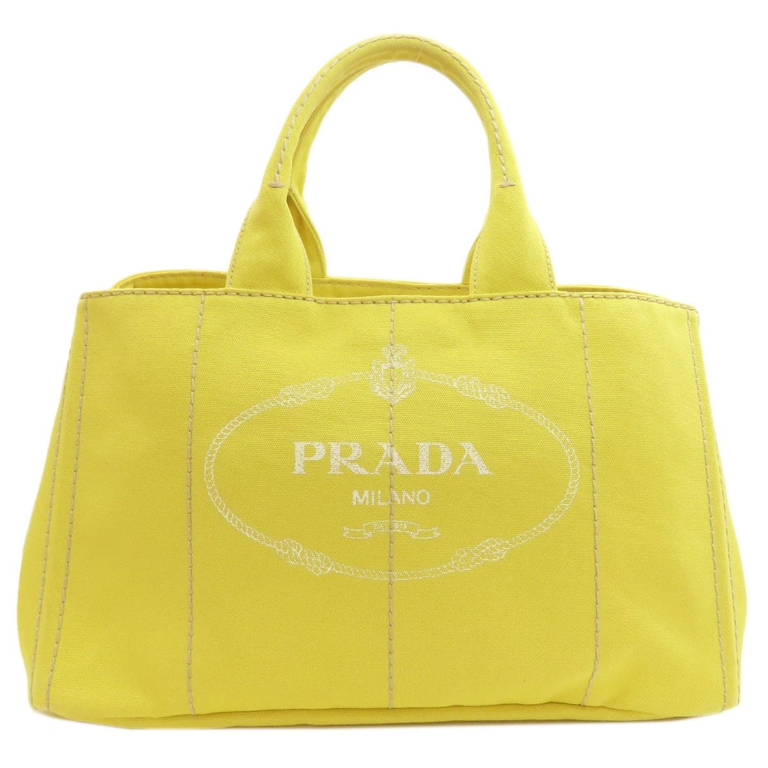 Canapa Bag Canvas Prada Tote B1872B: Canapa Bag Canvas Prada Tote B1872B Yellow Canapa Bag Canvas Prada Tote B1872B. This canvas tote bag features a bright yellow exterior with a signature and measures 9.8 inches in height, 10.2 inches i