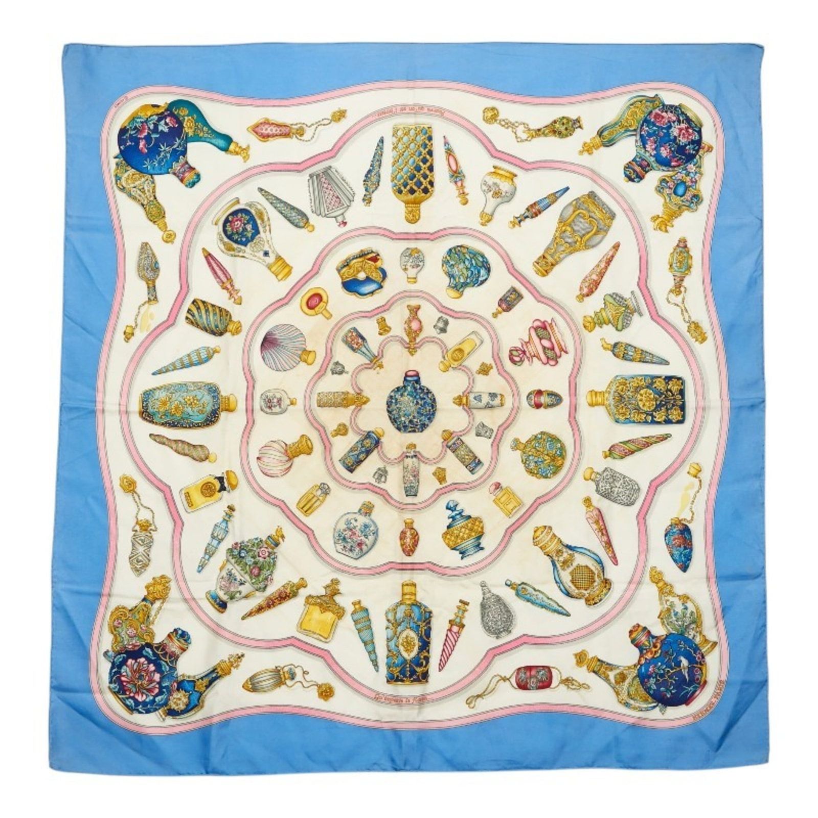 Silk Hermes Scarf: Silk Hermes Scarf Silk from the renowned French fashion house Hermes, this scarf boasts a beautiful light blue hue with multi-color accents. Measuring 89cm x 86cm, it is crafted from high-quality