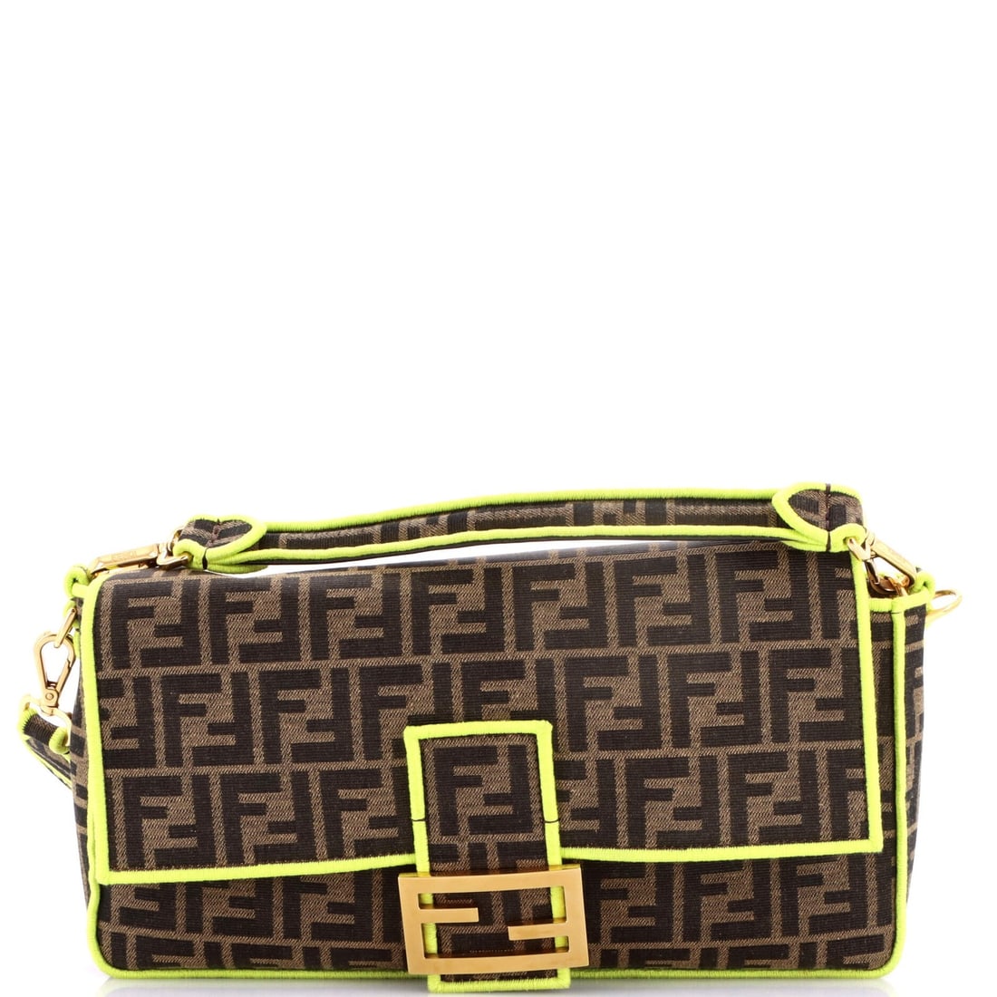 Zucca Canvas Large Bag Fendi NM Bag: Zucca Canvas Large Bag Fendi NM Bag Yellow Fendi Zucca Canvas Large Bag features a canvas plain exterior in a bright yellow hue, complemented by a brown interior and aged gold hardware. The bag boasts