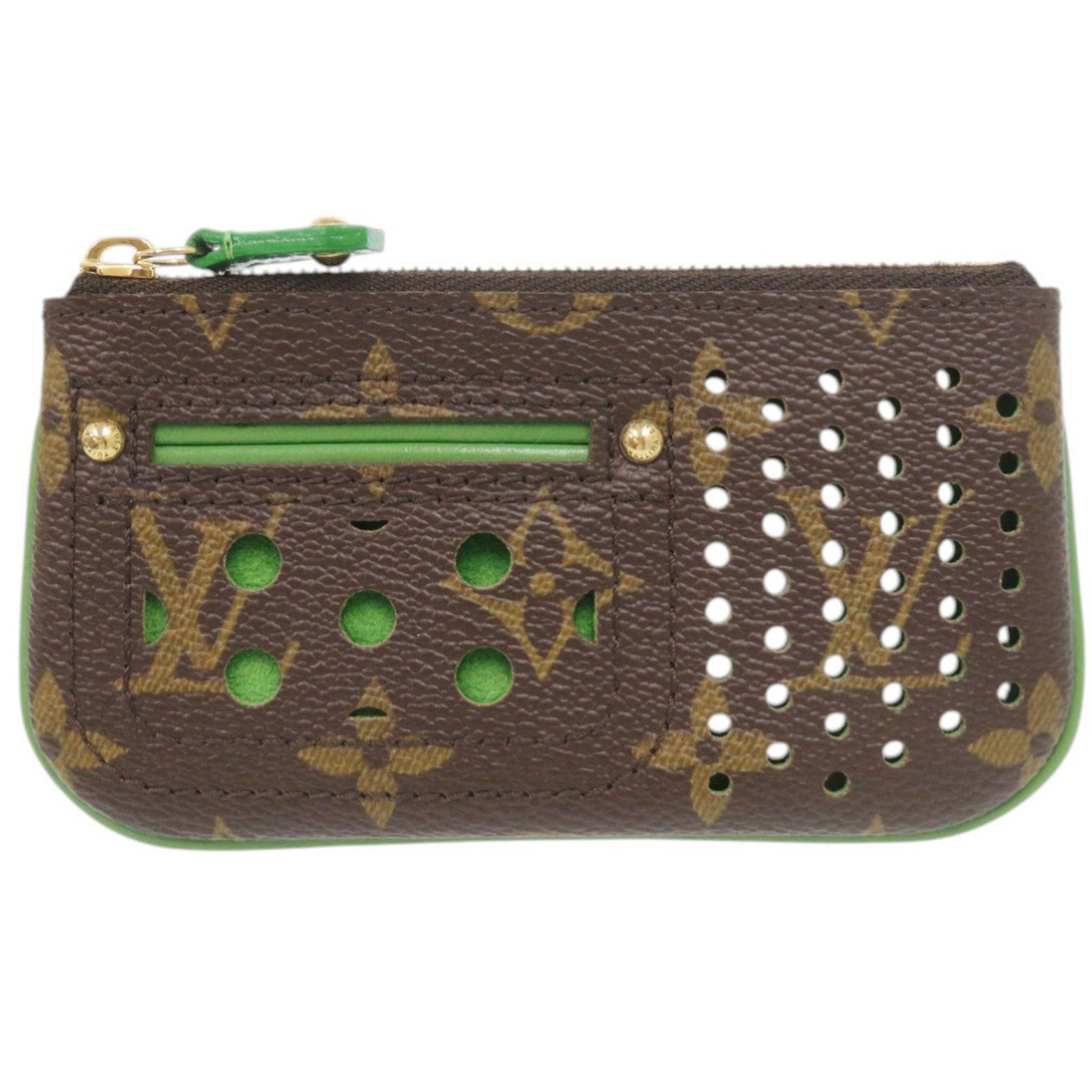 Louis Vuitton Coin Purse/ Coin Case Monogram Perforated: Louis Vuitton Coin Purse/ Coin Case Monogram Perforated Monogram Perforated Louis Vuitton Coin Purse boasts a unique design with a perforated monogram pattern in green, adding a touch of elegance to