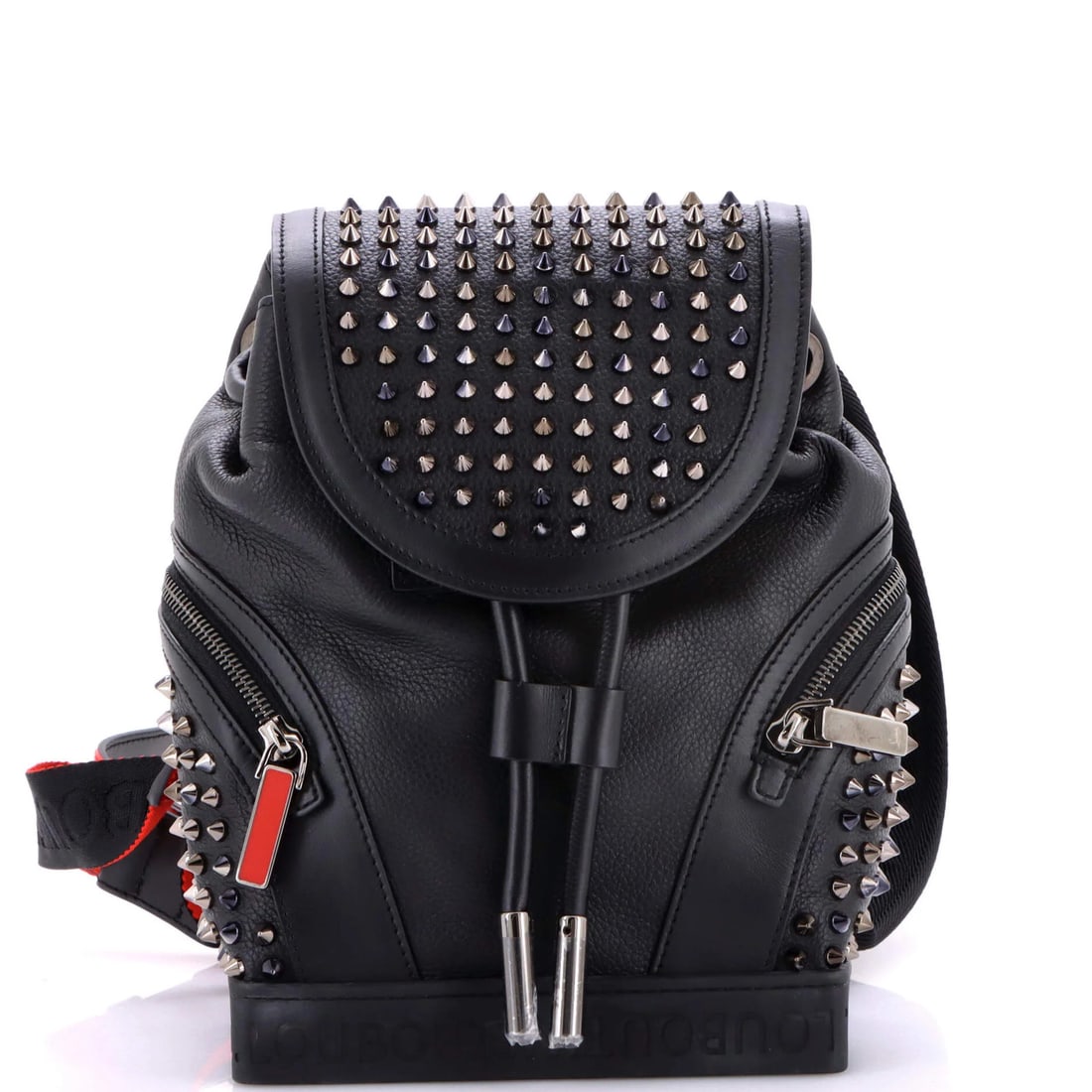 Explorafunk Christian Louboutin Spiked Leather Small Backpack: Explorafunk Christian Louboutin Spiked Leather Small Backpack Black leather small backpack with a striking spiked design, featuring a bold red interior and gun metal hardware. Measuring 10" in
