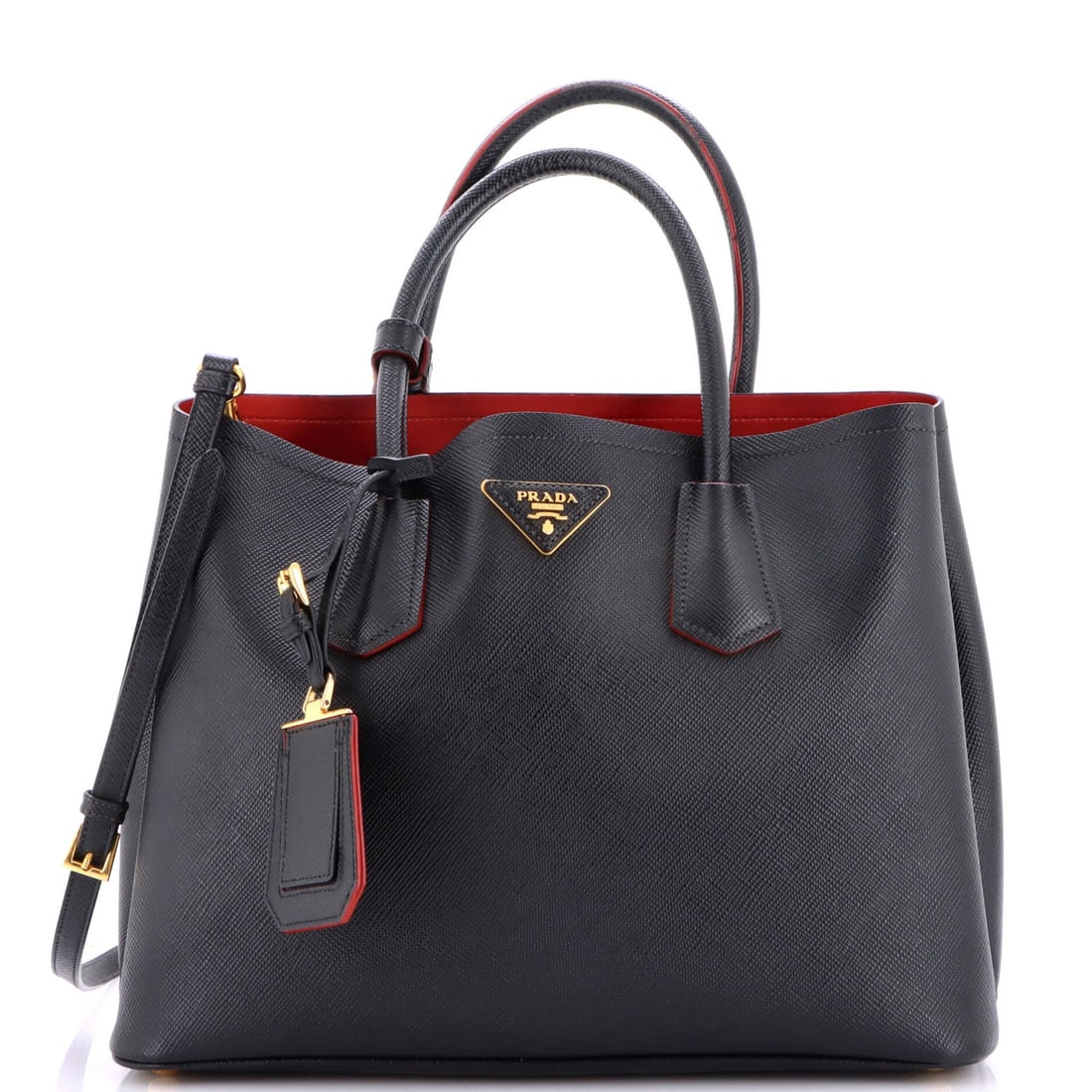 Saffiano Leather Cuir Tote Double Prada Medium: Saffiano Leather Cuir Tote Double Prada Medium Saffiano Leather Cuir Tote Double Prada Medium is a luxurious double tote bag featuring Saffiano leather exterior and interior, with a striking red