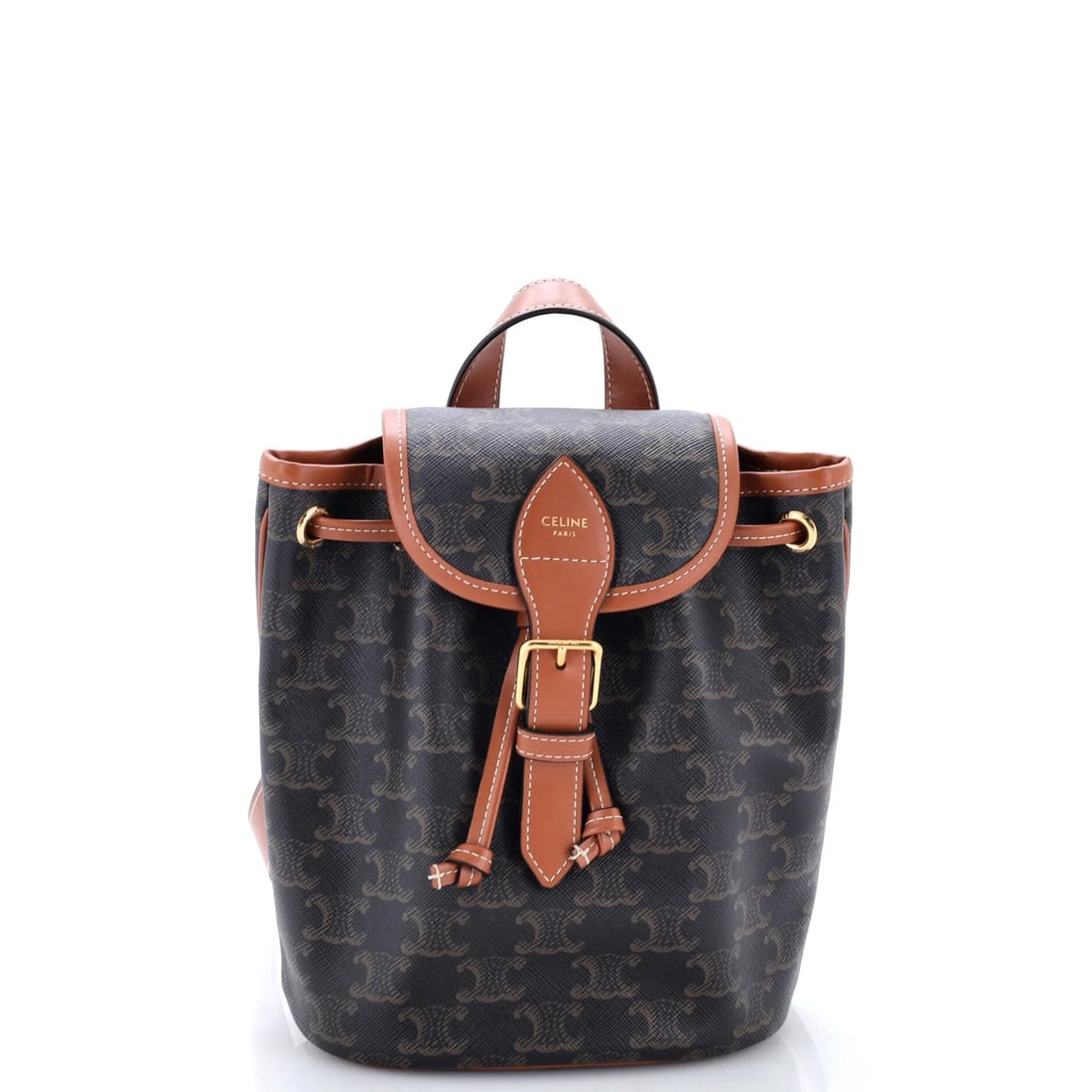 Celine Folco Backpack Triomphe Coated Canvas Mini: Celine Folco Backpack Triomphe Coated Canvas Mini The Celine Folco Backpack Triomphe Coated Canvas Mini boasts a rich, brown canvas exterior with gold hardware, adding a touch of sophistication to