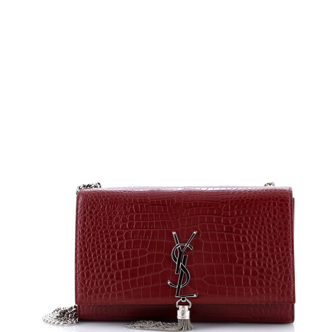 Crocodile Embossed Leather Saint Laurent Classic Tassel Bag Monogram Crossbody: Crocodile Embossed Leather Saint Laurent Classic Tassel Bag Monogram Crossbody Burgundy crocodile embossed leather adds a touch of luxury to this Saint Laurent Classic Tassel Bag. The monogram
