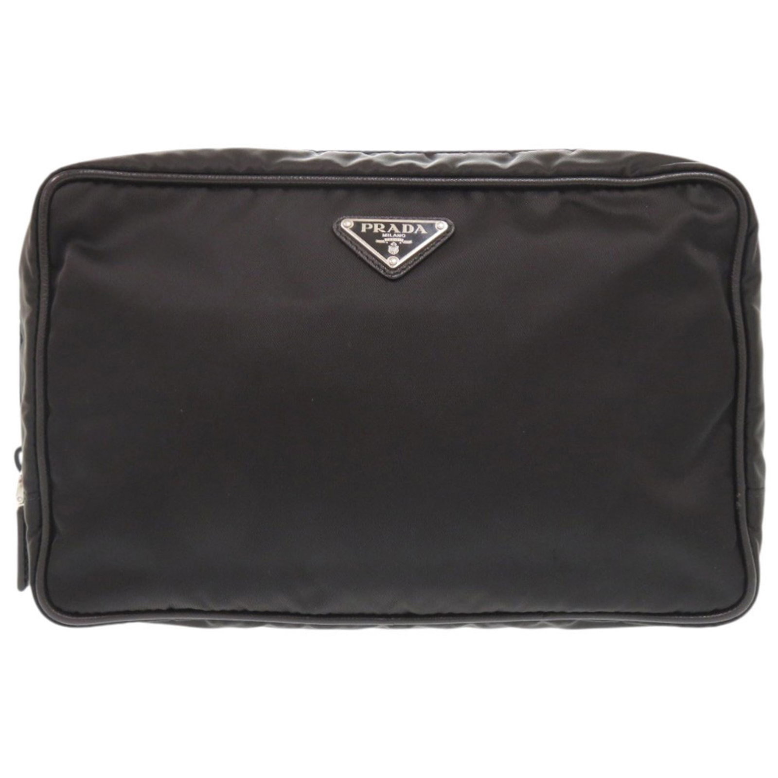 Nylon Prada Pouch: Nylon Prada Pouch Nylon Prada Pouch in Black, 16cm x 26cm x 6cm. Made from high-quality nylon, this sleek and modern pouch features a classic design that exudes Italian style. Perfectly sized for ever