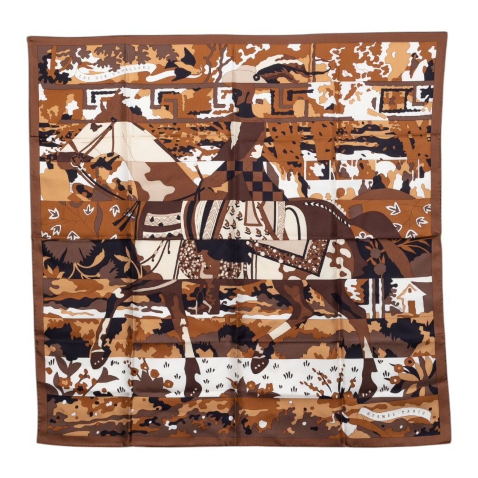 Silk Hermes Scarf: Silk Hermes Scarf Silk from the renowned French fashion house, this 89cm x 87.5cm black or brown silk scarf is a timeless accessory for women. Made from high-quality silk, its classic design and