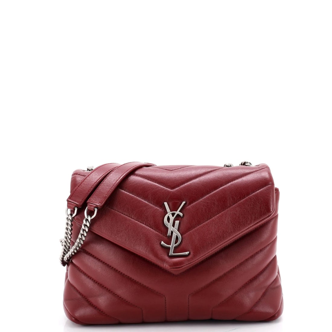 Laurent Saint Loulou Small Matelasse Leather Chevron Shoulder Bag: Laurent Saint Loulou Small Matelasse Leather Chevron Shoulder Bag Small Burgundy Matelasse Leather Chevron Shoulder Bag with Silver Hardware, featuring a classic Saint Laurent design. This small