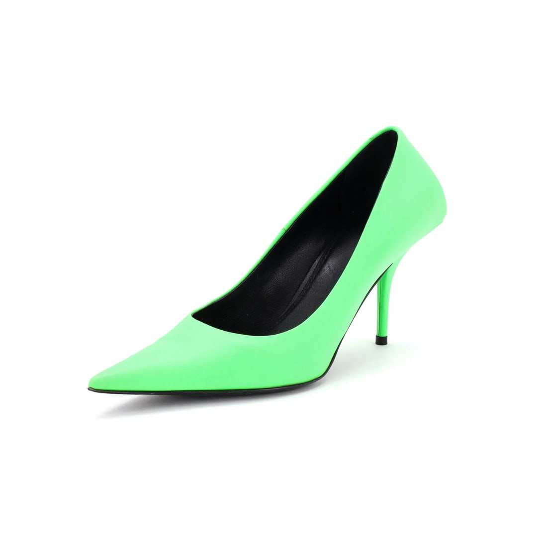 Women's Square Knife Pumps Leather: Women's Square Knife Pumps Leather Green leather square knife pumps with a classic design, featuring a subtle green exterior and black interior. The shoes show signs of wear, including creasing,