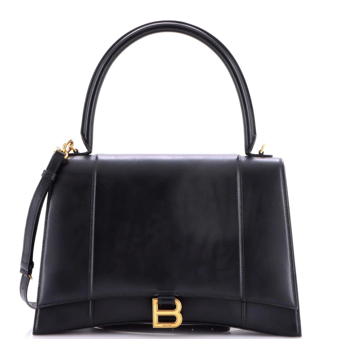 New leather medium bag with handle top hourglass Balenciaga: New leather medium bag with handle top hourglass Balenciaga Black leather medium bag with a top handle in an hourglass design, featuring gold hardware. The bag has a classic style with a medium size