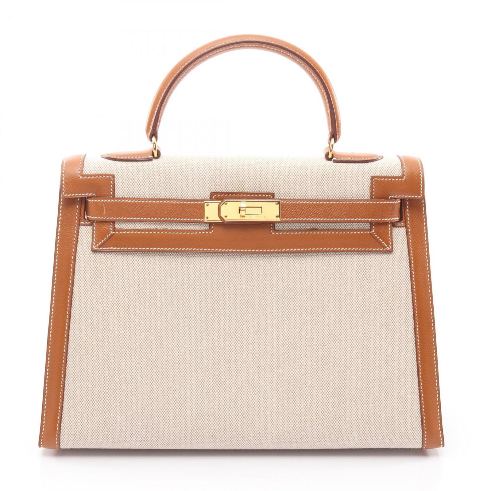 Canvas Handbag Leather Hermes: Canvas Handbag Leather Hermes Canvas Handbag with Graine couchevel leather and Toile H, a classic design in beige and brown hues, measures 23cm x 32cm x 12cm, perfect for everyday use. This stylish