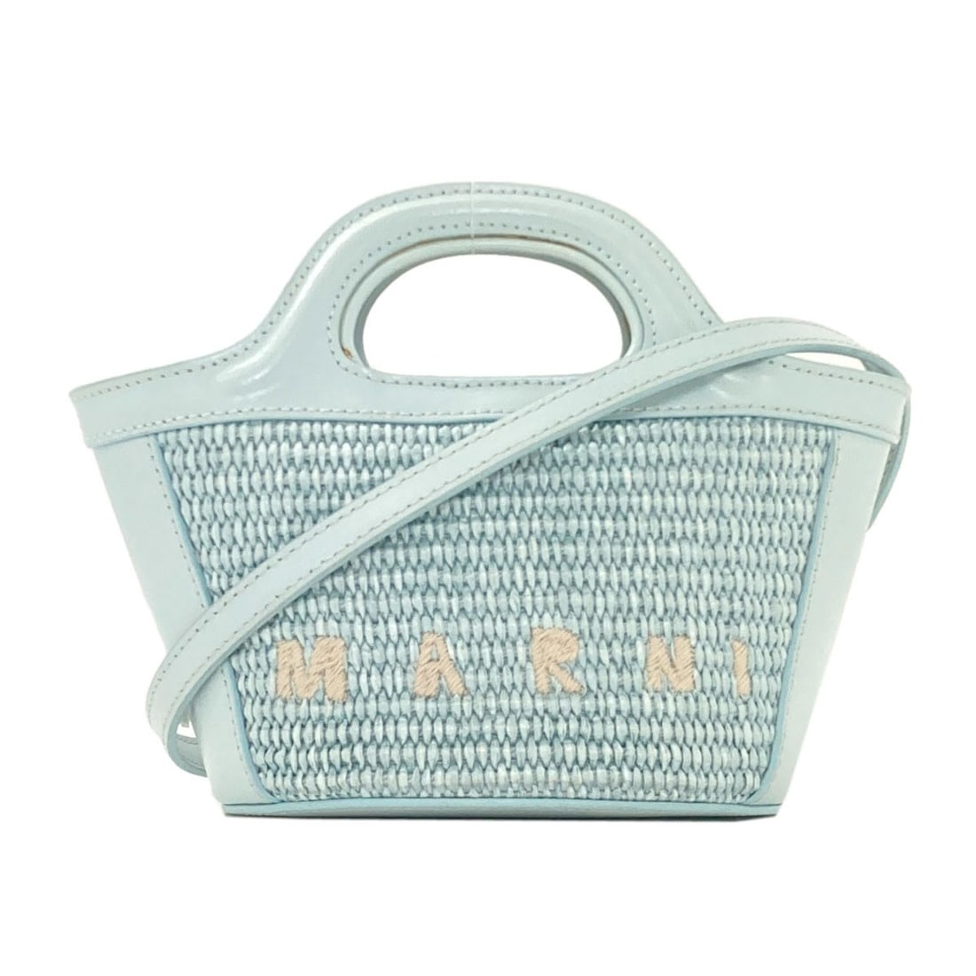 Tropicalia Raffia Leather Marni Handbag 2Way: Tropicalia Raffia Leather Marni Handbag 2Way Blue Raffia Leather Marni Handbag with 2Way Design. This Tropicalia handbag features a striking blue exterior made from raffia leather, showcasing a