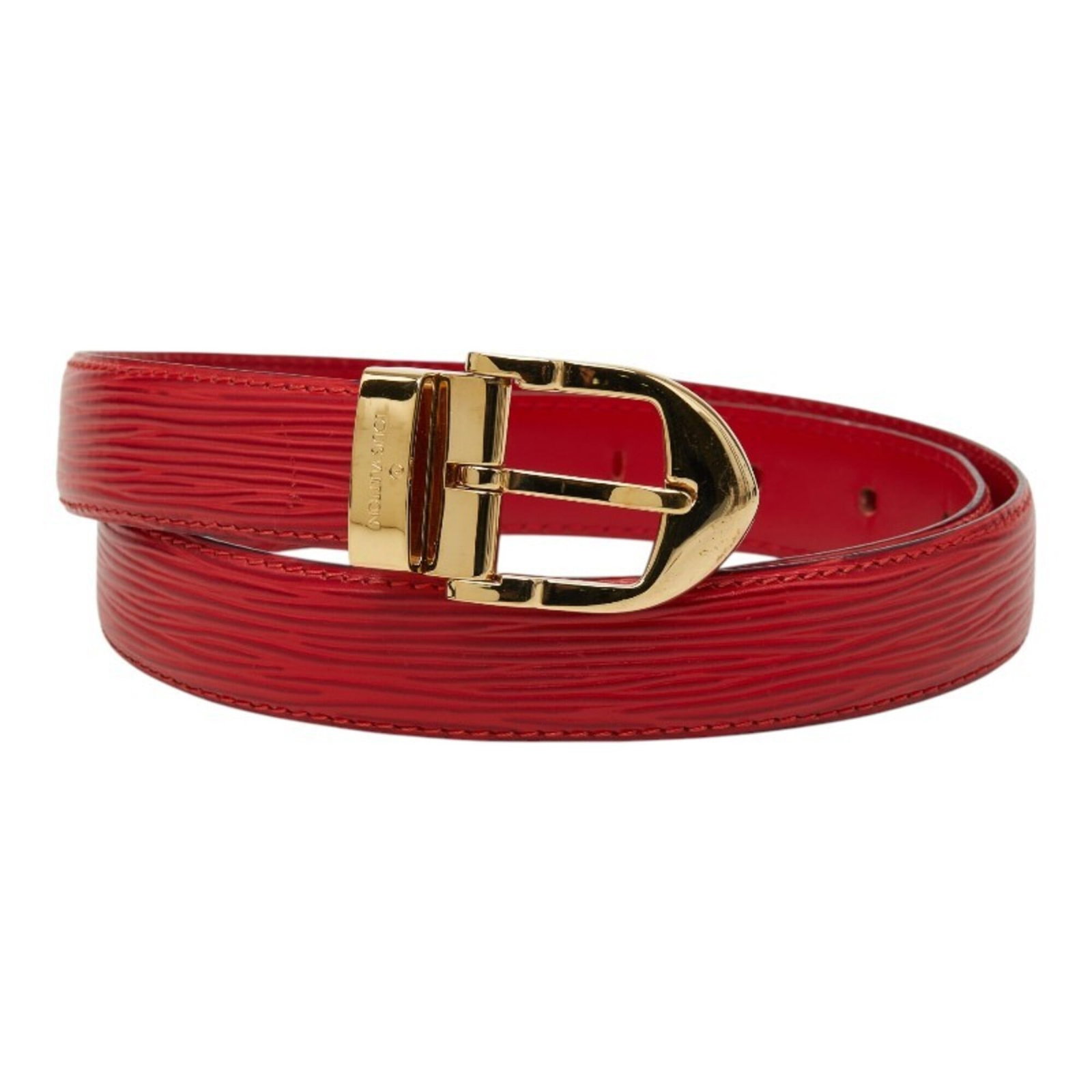 Standard belt by Louis Vuitton: Standard belt by Louis Vuitton Red leather standard belt by Louis Vuitton, featuring a classic design with a 70cm-80cm length and 2.5cm width. The belt's bold red color adds a pop of style to any