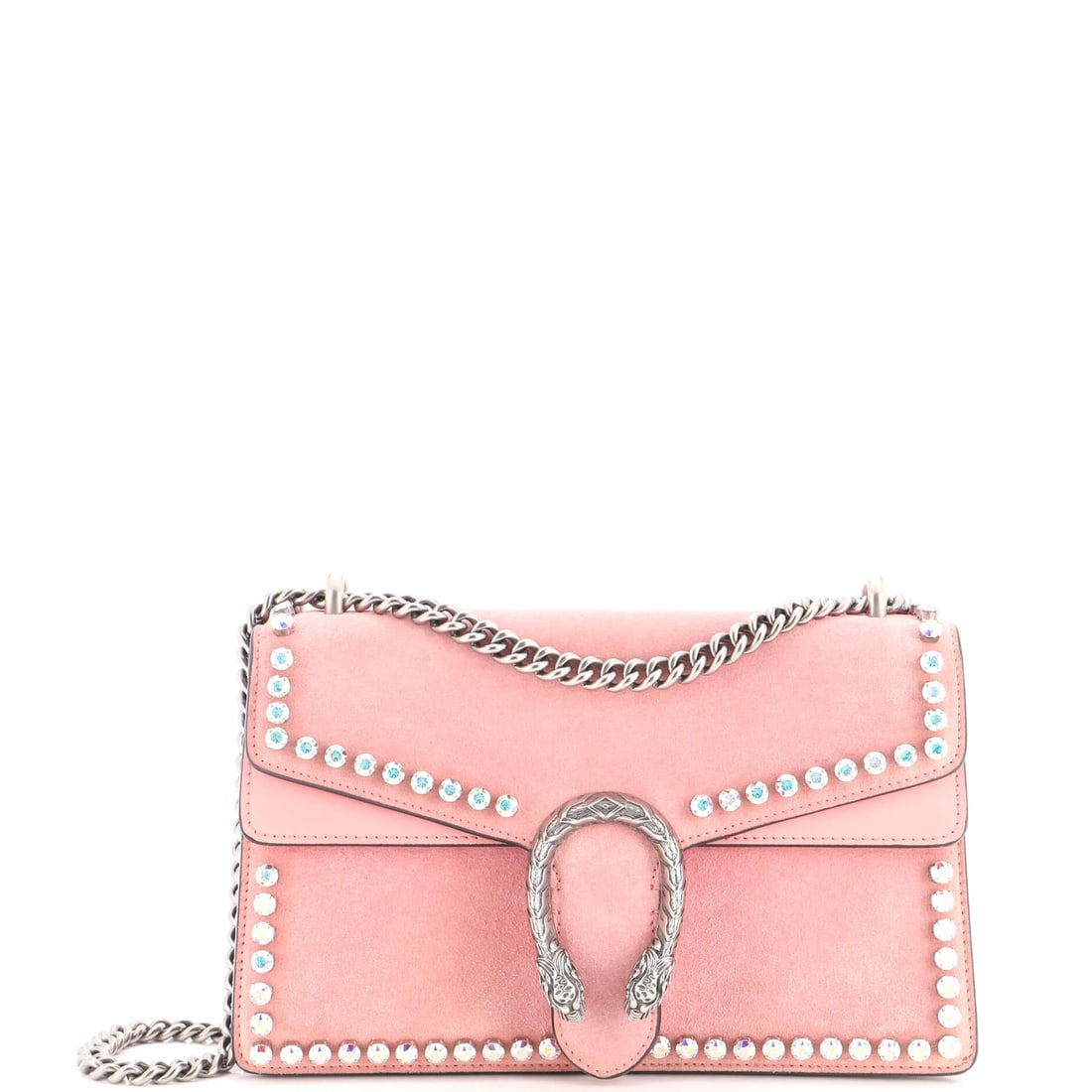Crystal Suede Bag Small Embellished Gucci: Crystal Suede Bag Small Embellished Gucci Pink Rhinestone Suede Dionysus Bag Crystal Embellished Small Gucci Bag with Silver Hardware, featuring a small size with a handle drop of 8" and a strap drop 