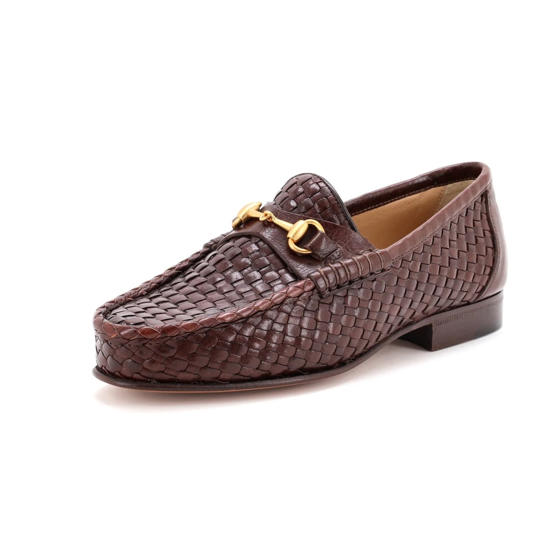 Men's Vintage Loafers Gucci Woven Horsebit Leather: Men's Vintage Loafers Gucci Woven Horsebit Leather Men's Vintage Gucci Woven Horsebit Leather Loafers in Brown. This classic style features Gucci's signature woven leather and horsebit detailing,