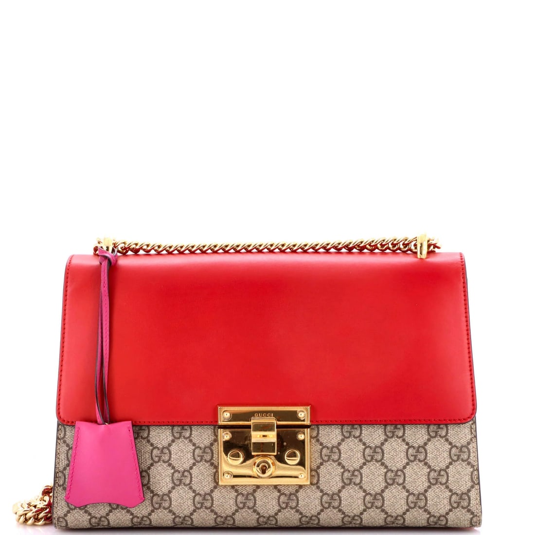 Gucci Medium Bag Coated Canvas Leather Padlock Shoulder GG: Gucci Medium Bag Coated Canvas Leather Padlock Shoulder GG This Gucci Medium Bag Coated Canvas Leather Padlock Shoulder Bag features a striking red exterior with a unique canvas-coated leather finish 