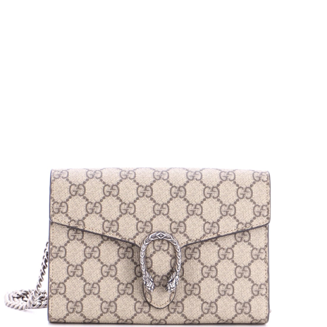 Gucci Dionysus Chain Wallet Coated Canvas Small: Gucci Dionysus Chain Wallet Coated Canvas Small Brown canvas coated canvas small Gucci Dionysus chain wallet with 23" strap drop, featuring a cross body design and aged silver hardware. Minor creases,