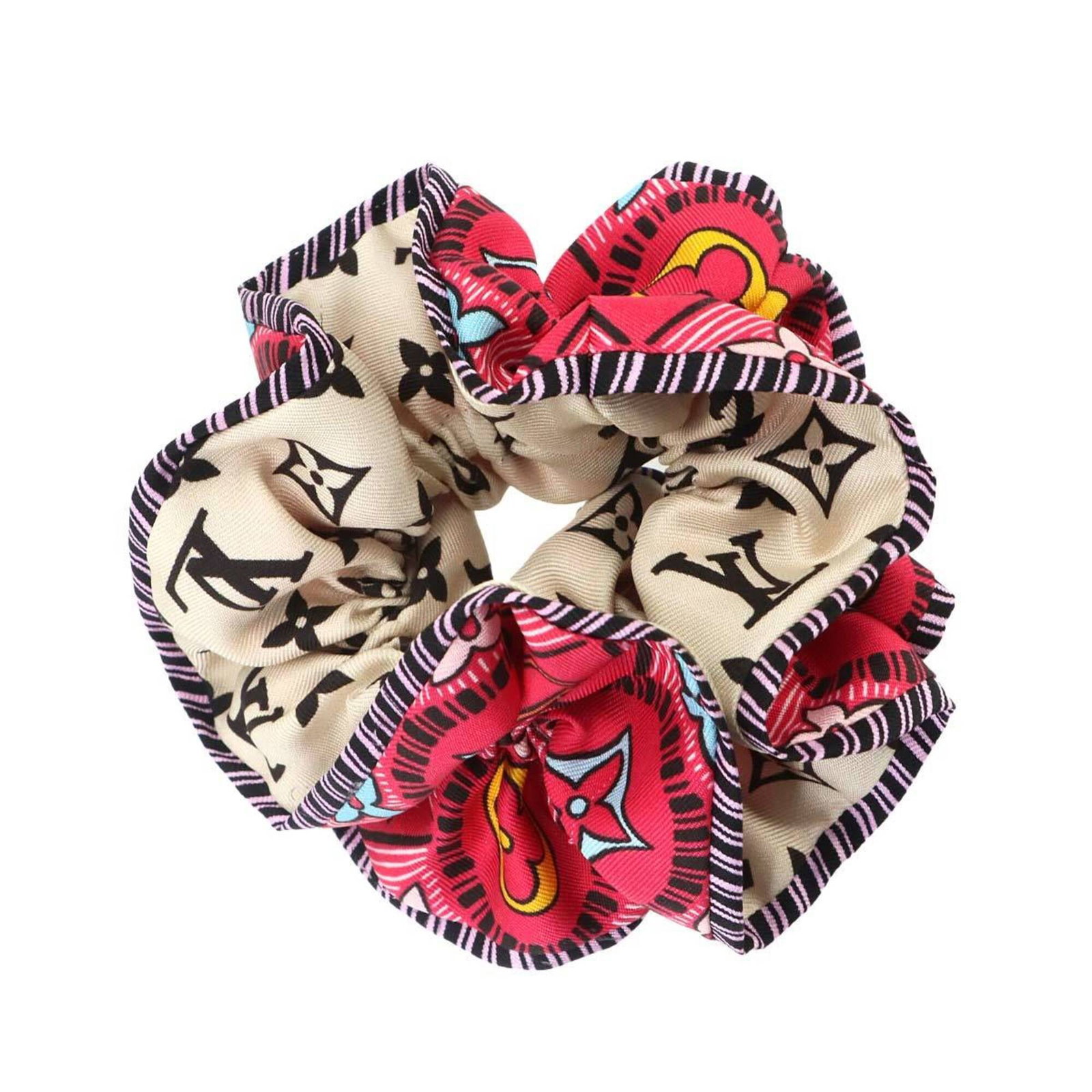 Silk Scrunchie Louis Vuitton: Silk Scrunchie Louis Vuitton Silk Scrunchie in Multi-color, Pink with Louis Vuitton Design, 11.5cm x 12.5cm. This silk scrunchie features a vibrant multi-color, pink design with the iconic Louis Vuitt