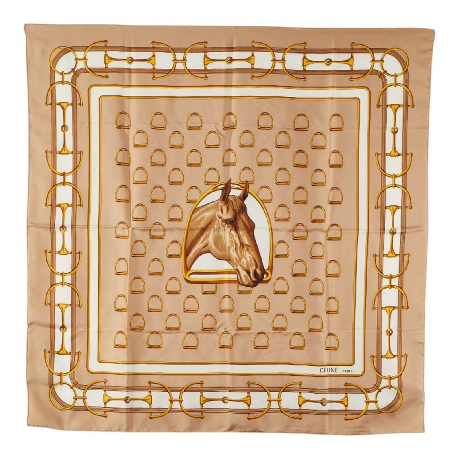 Silk Celine Scarf: Silk Celine Scarf Silk Celine Scarf in Beige, measuring 86.5cm x 87cm, made from high-quality silk material. This elegant scarf features a classic design with no additional accessories. The Celine