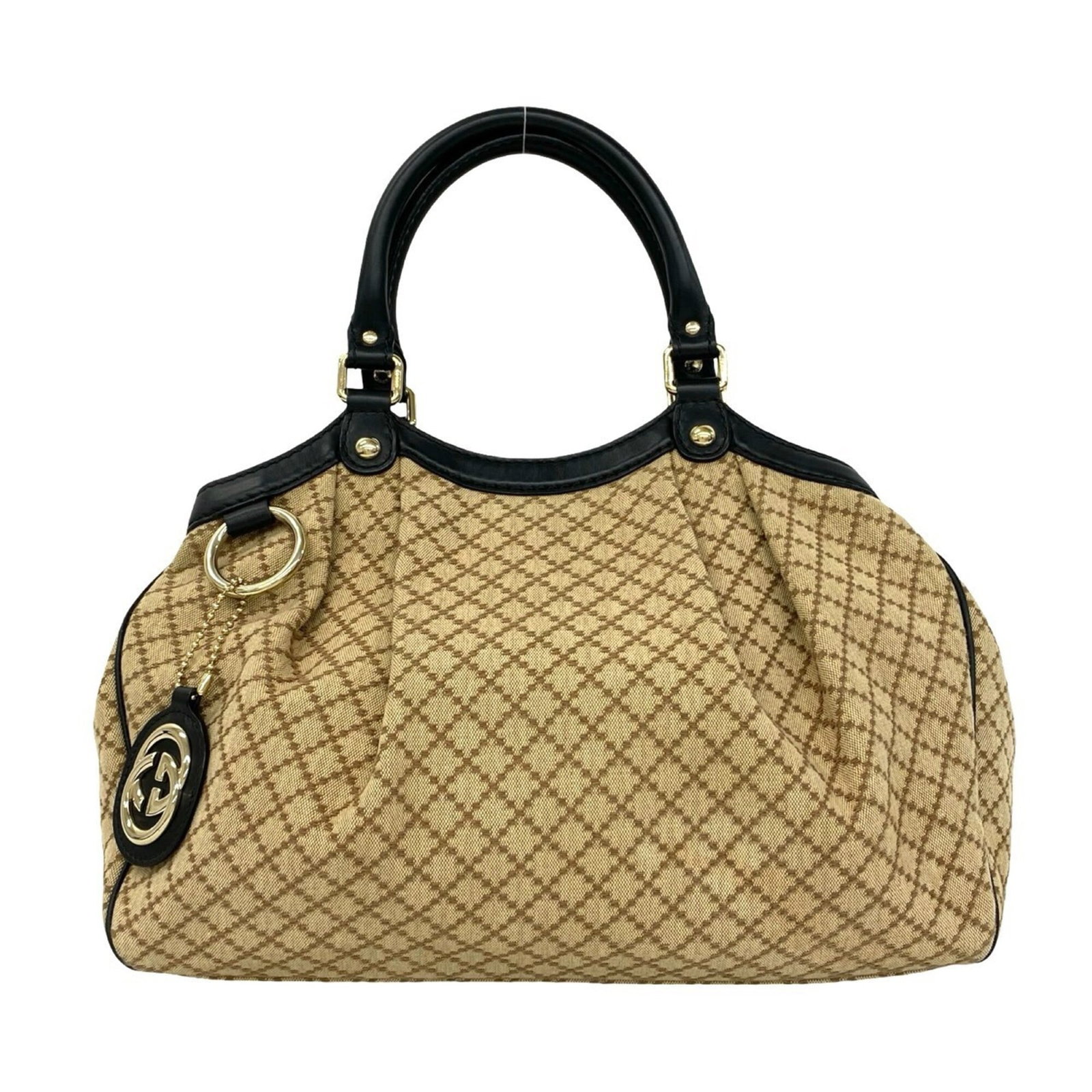 Handbag Tote Bag Canvas Leather Gucci: Handbag Tote Bag Canvas Leather Gucci Canvas and leather combine in this Gucci tote bag, featuring a classic design with a beige and black color scheme. The bag measures 26cm x 35cm x 11cm and is