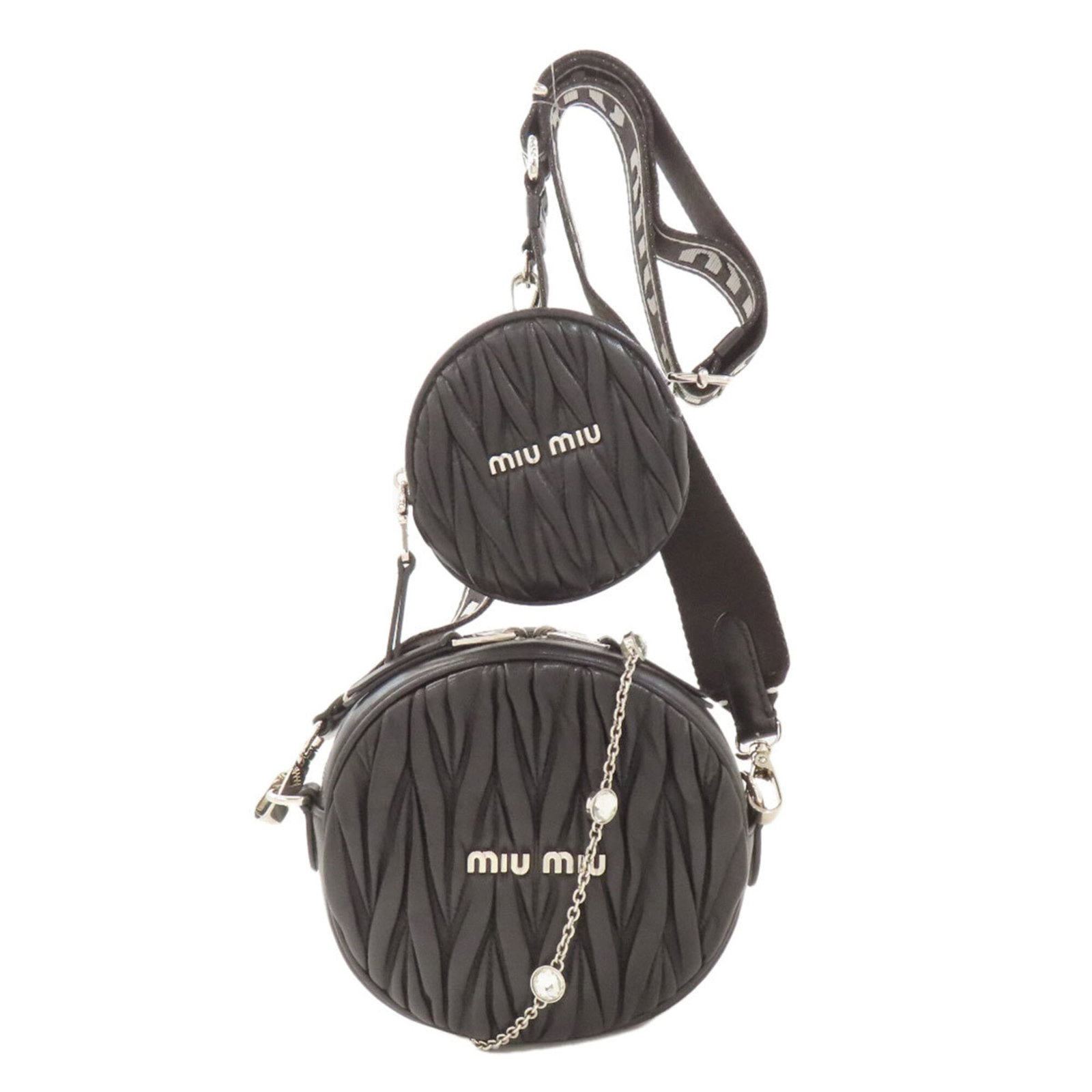 Pouch Leather Miu Bag Shoulder: Pouch Leather Miu Bag Shoulder Black Calfskin Miu Miu Leather Pouch Bag with a sleek, shoulder design and compact 15cm x 15cm x 4.5cm dimensions, perfect for a stylish and portable accessory. Made
