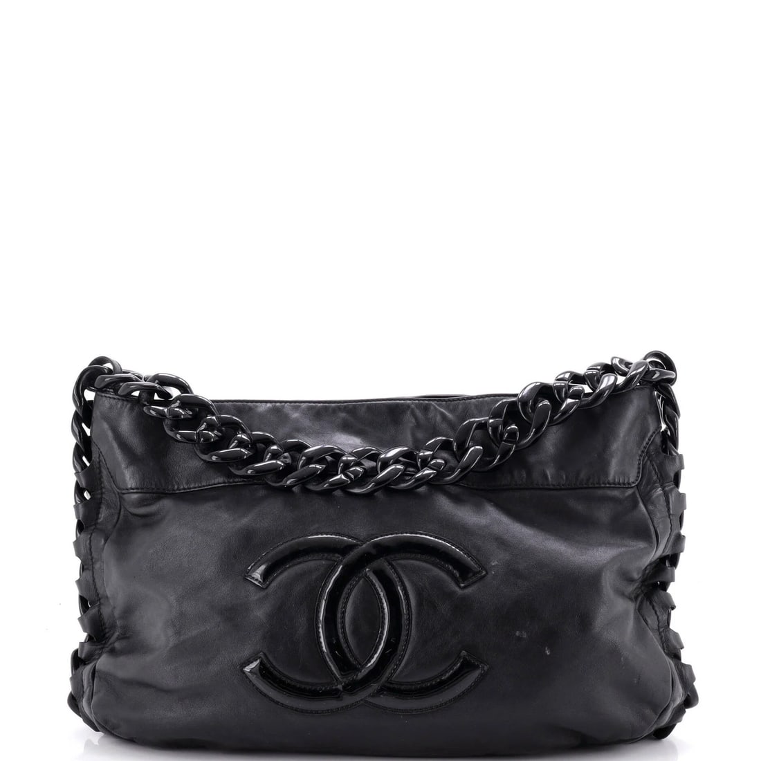 Chanel Resin Modern Chain Hobo Calfskin Medium: Chanel Resin Modern Chain Hobo Calfskin Medium Black leather Resin Modern Chain Hobo Calfskin bag with a medium size, featuring a satin gray interior and black hardware. The exterior shows signs of