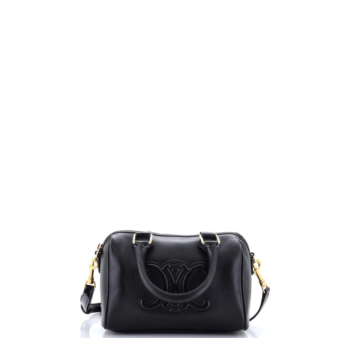 Boston Cuir Leather Small Triomphe Bag: Boston Cuir Leather Small Triomphe Bag Small, sleek, and sophisticated, this black Celine Cuir Triomphe Boston Bag boasts a classic top handle design and premium leather exterior. With its gold