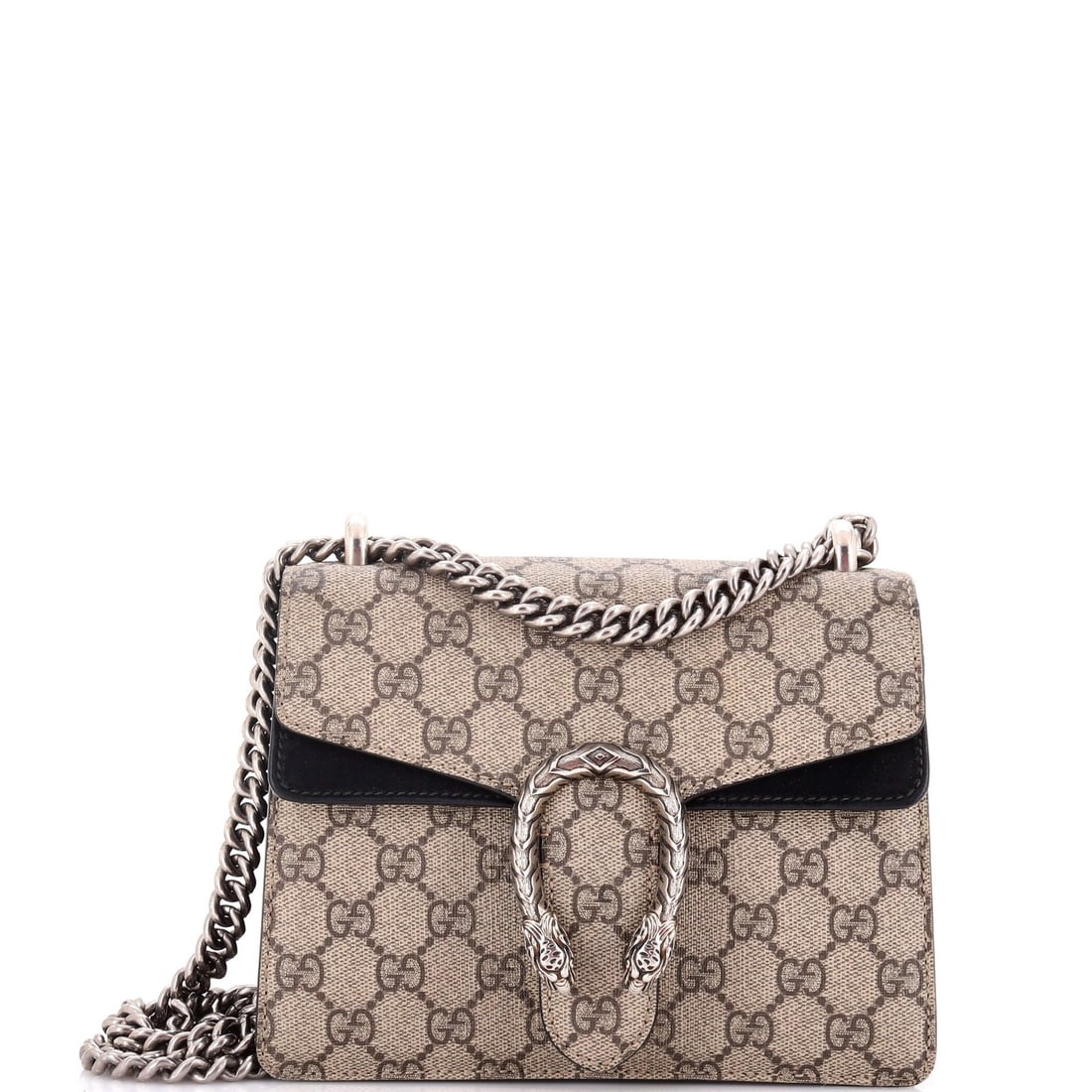 Gucci Coated Canvas Bag GG Dionysus Mini: Gucci Coated Canvas Bag GG Dionysus Mini The Gucci Coated Canvas Bag GG Dionysus Mini boasts a classic cross body design with a timeless brown exterior, adorned with a signature GG logo. Measuring 6"