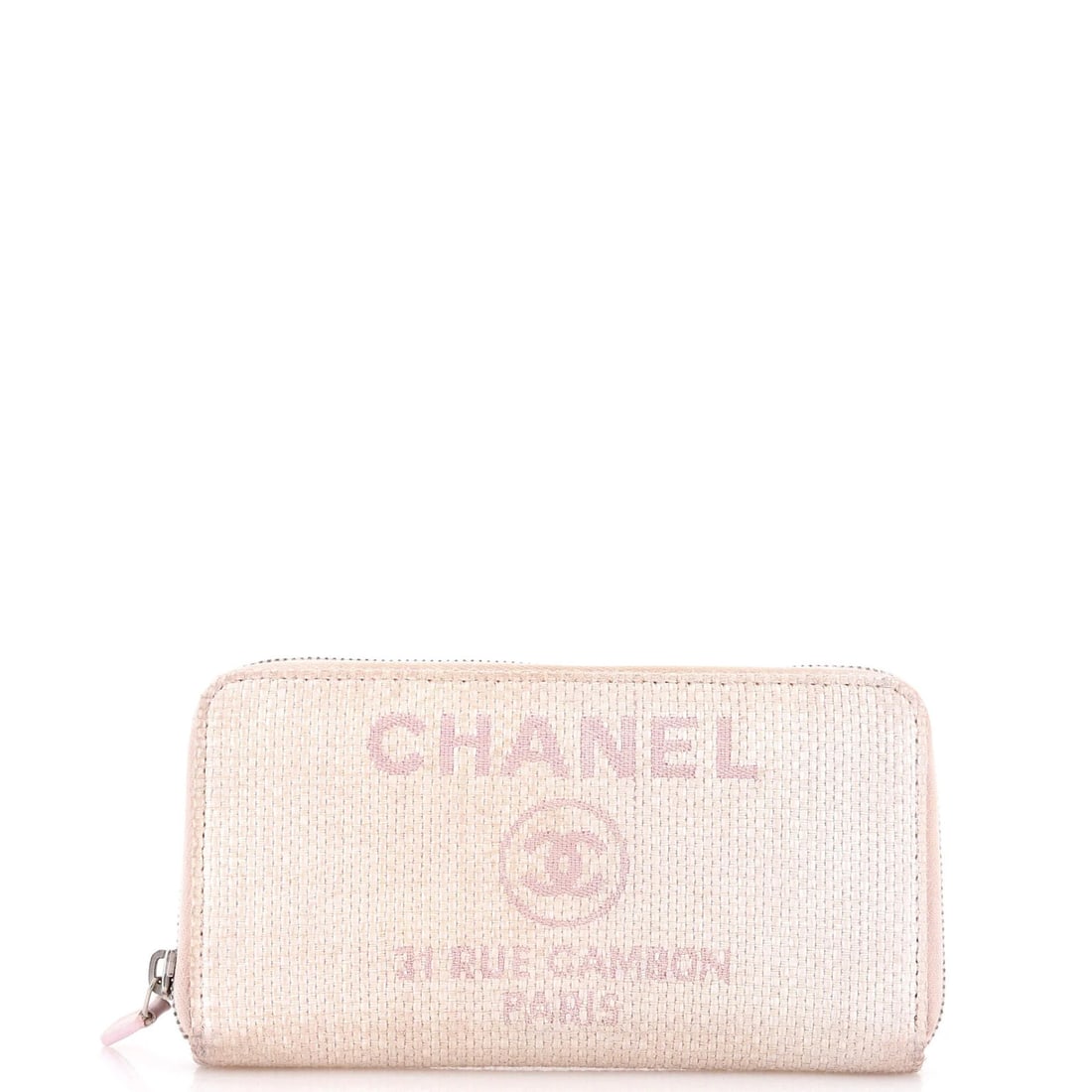 Zip Around Wallet Raffia Long Chanel Deauville: Zip Around Wallet Raffia Long Chanel Deauville Pink Raffia Long Chanel Deauville Zip Around Wallet with Silver Hardware, featuring a unique raffia exterior and interior in a matching pink hue, and a