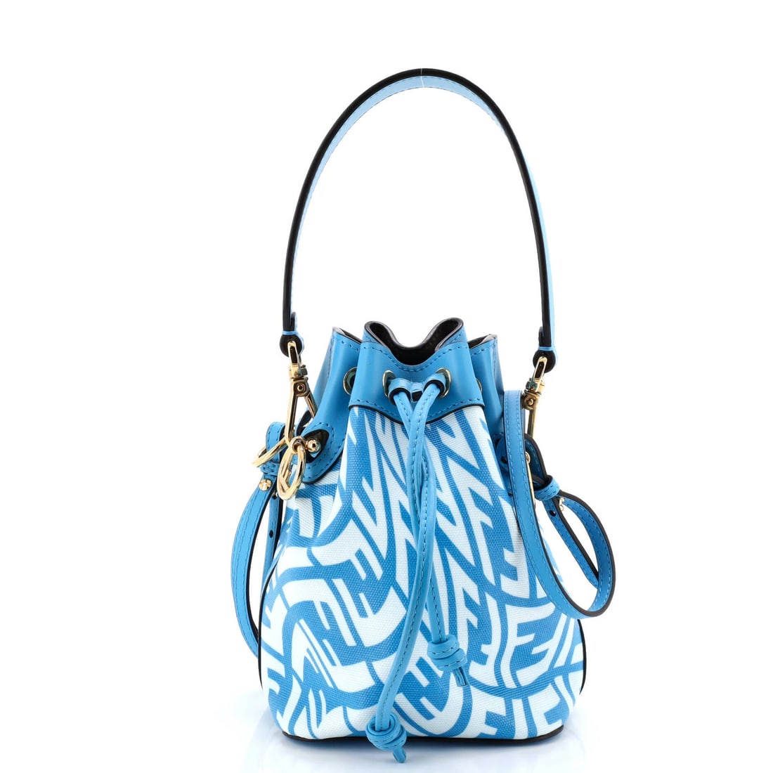 Mon Tresor Zucca Bucket Coated Fendi Canvas Mini Vertigo: Mon Tresor Zucca Bucket Coated Fendi Canvas Mini Vertigo The Fendi Mon Tresor Zucca Bucket Coated Canvas Mini Vertigo is a stylish and compact bag with a unique blue canvas exterior and gold hardware.