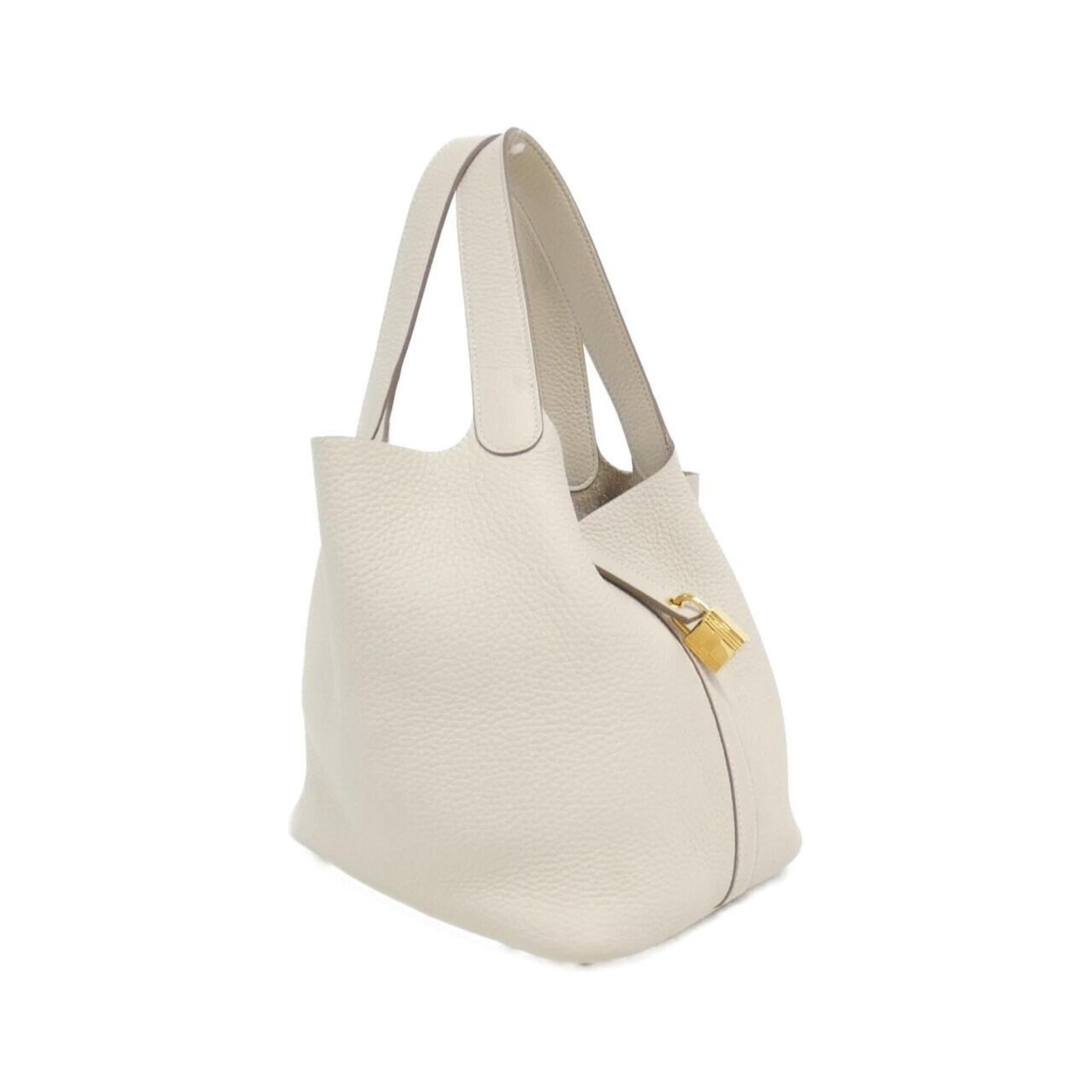 Clemence Leather Handbag Taurillon Hermes: Clemence Leather Handbag Taurillon Hermes Taurillon clemence leather handbag with gold hardware, measuring 23cm x 22cm x 18cm, offers a sleek and sophisticated design. The white color and gold accents