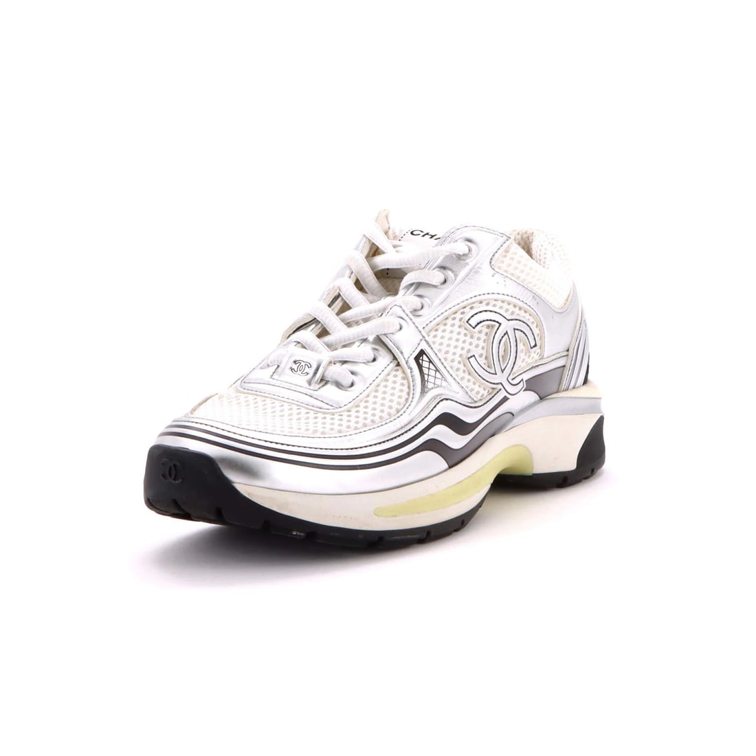Chanel Women's CC Low-Top Sneakers Mesh and Laminated Leather: Chanel Women's CC Low-Top Sneakers Mesh and Laminated Leather Silver and white mesh and laminated leather upper, a sleek design for the Women's CC Low-Top Sneakers from Chanel. Minor odor in the