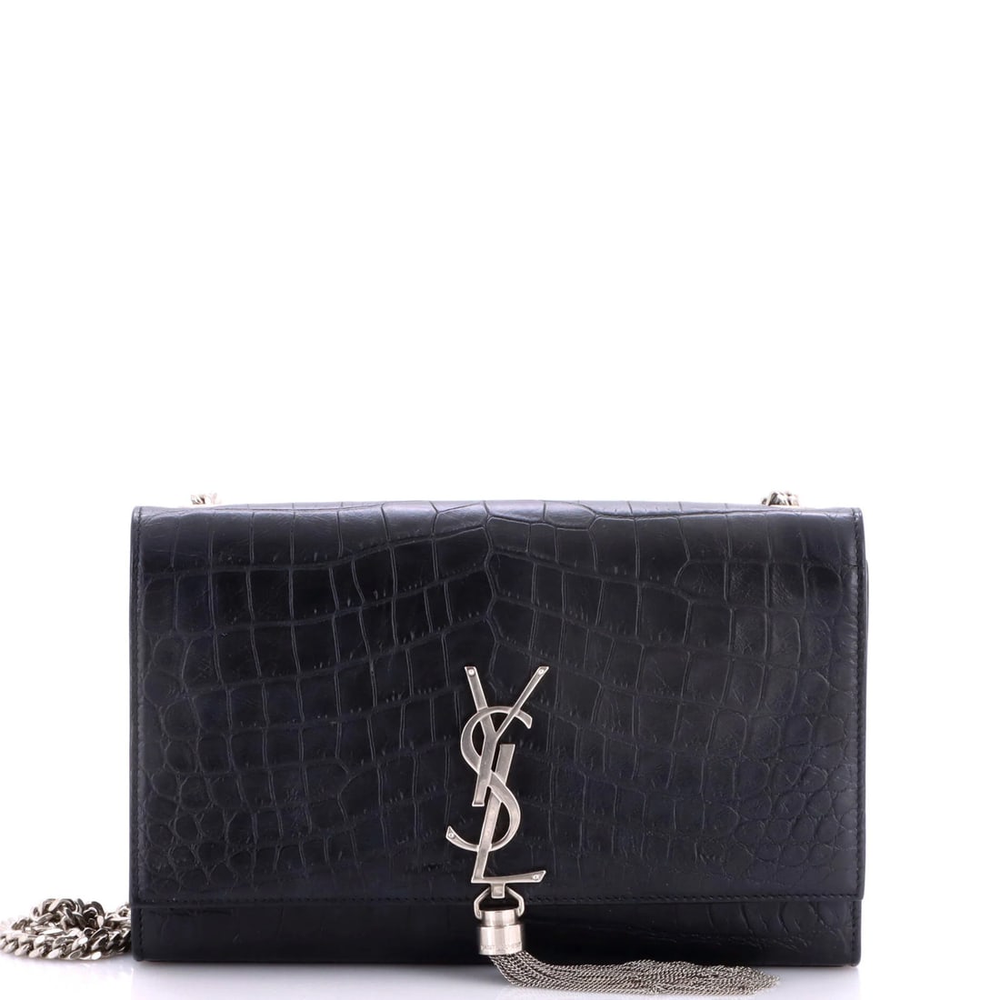 Crocodile Embossed Leather Saint Laurent Classic Tassel Bag Monogram Crossbody: Crocodile Embossed Leather Saint Laurent Classic Tassel Bag Monogram Crossbody Crocodile embossed leather adds a touch of luxury to this Saint Laurent Classic Tassel Bag Monogram Crossbody, featuring 
