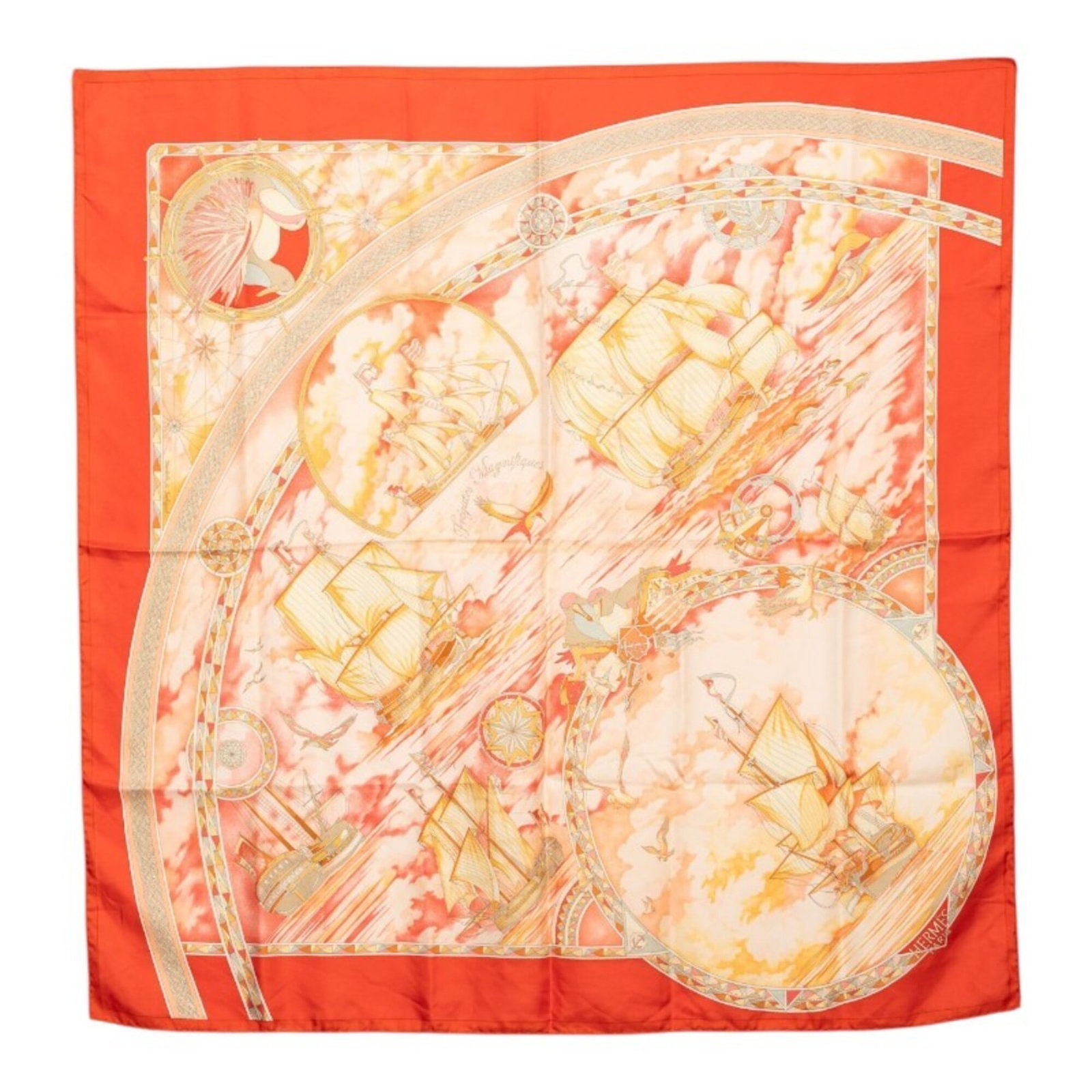 Silk Hermes Scarf: Silk Hermes Scarf Silk from the renowned French fashion house Hermes, this multi-color, orange scarf boasts a vibrant and eye-catching design. Measuring 87cm x 88cm, it is a beautiful accessory for