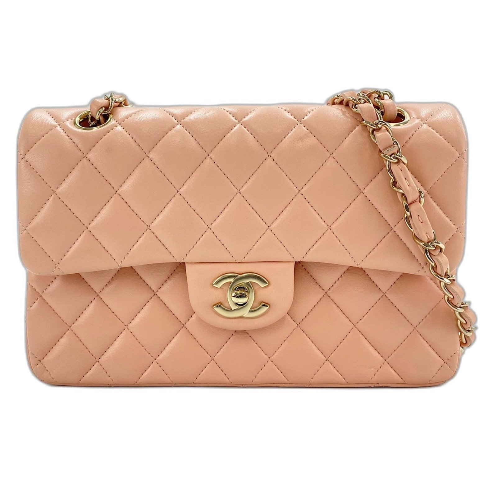 Shoulder Bag Leather Chanel: Shoulder Bag Leather Chanel This pink lambskin shoulder bag from the iconic Chanel Matelasse line features a sleek design and premium leather construction. With its 56cm strap length and compact 15cm 