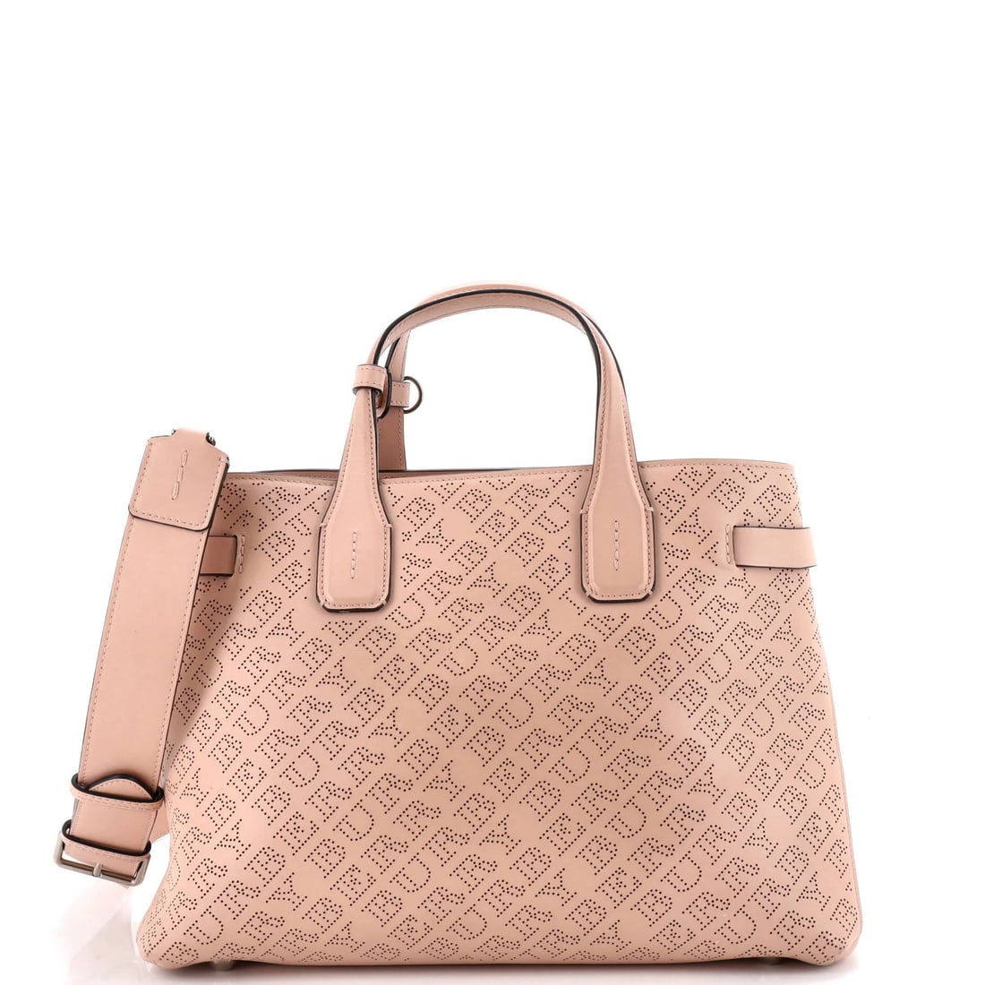 Perforated Leather Medium Tote Burberry Banner: Perforated Leather Medium Tote Burberry Banner Perforated leather medium tote from Burberry, featuring a pink exterior with a poignet and strap. This classic tote boasts a timeless design with a