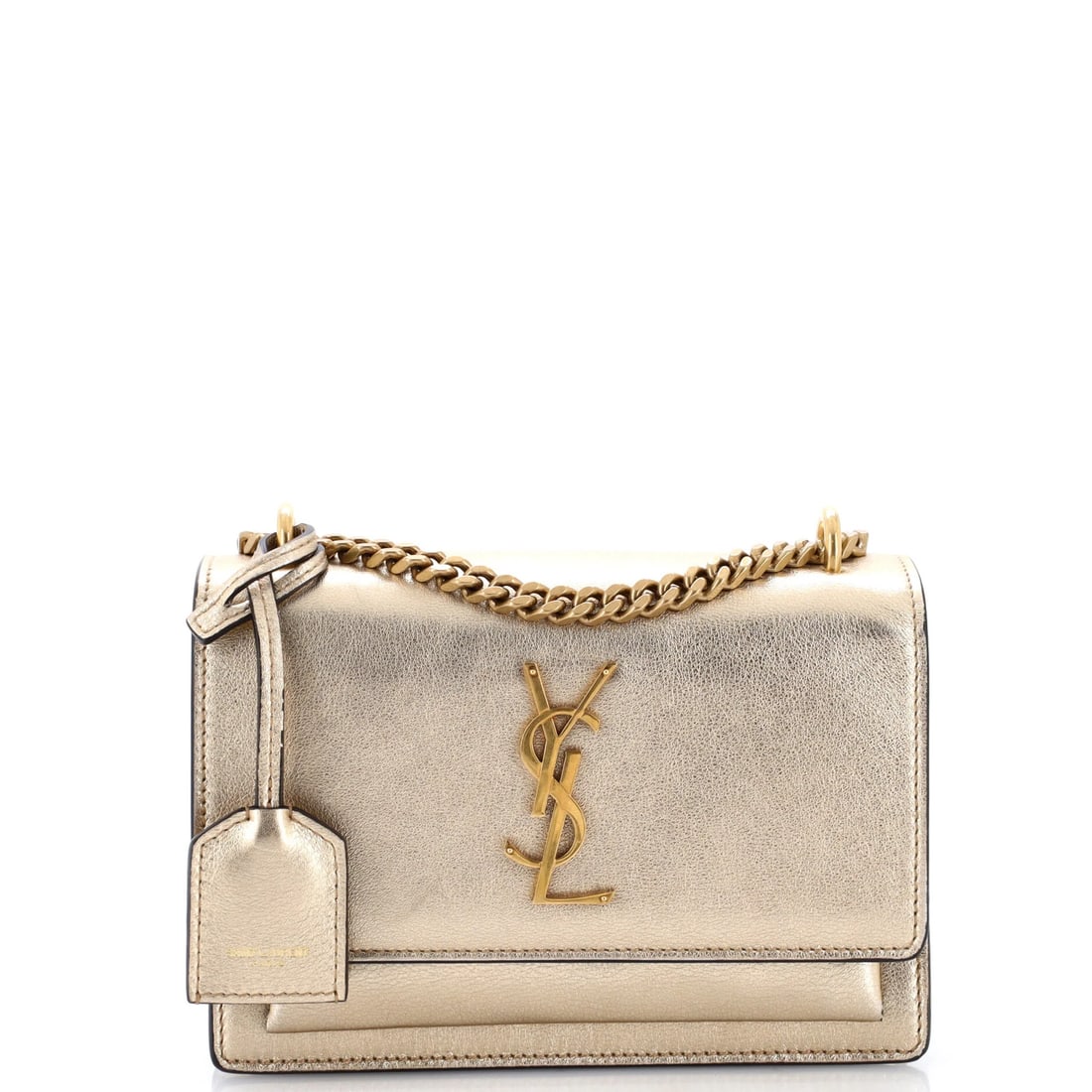 Laurent Saint Small Leather Crossbody Bag: Laurent Saint Small Leather Crossbody Bag Small Leather Crossbody Bag with Gold Hardware, featuring a sleek design and suede interior, measuring 5" tall and 7" wide, with a 23" strap drop and 12.5"