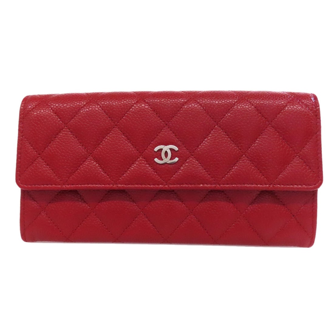 Chanel Coco Mark Matelasse Silverhardware Long Wallet (With Coin Pocket): Chanel Coco Mark Matelasse Silverhardware Long Wallet (With Coin Pocket) Red Grained Calfskin Long Wallet with Coin Pocket, featuring silver hardware, bears a signature. This long wallet is made of hi