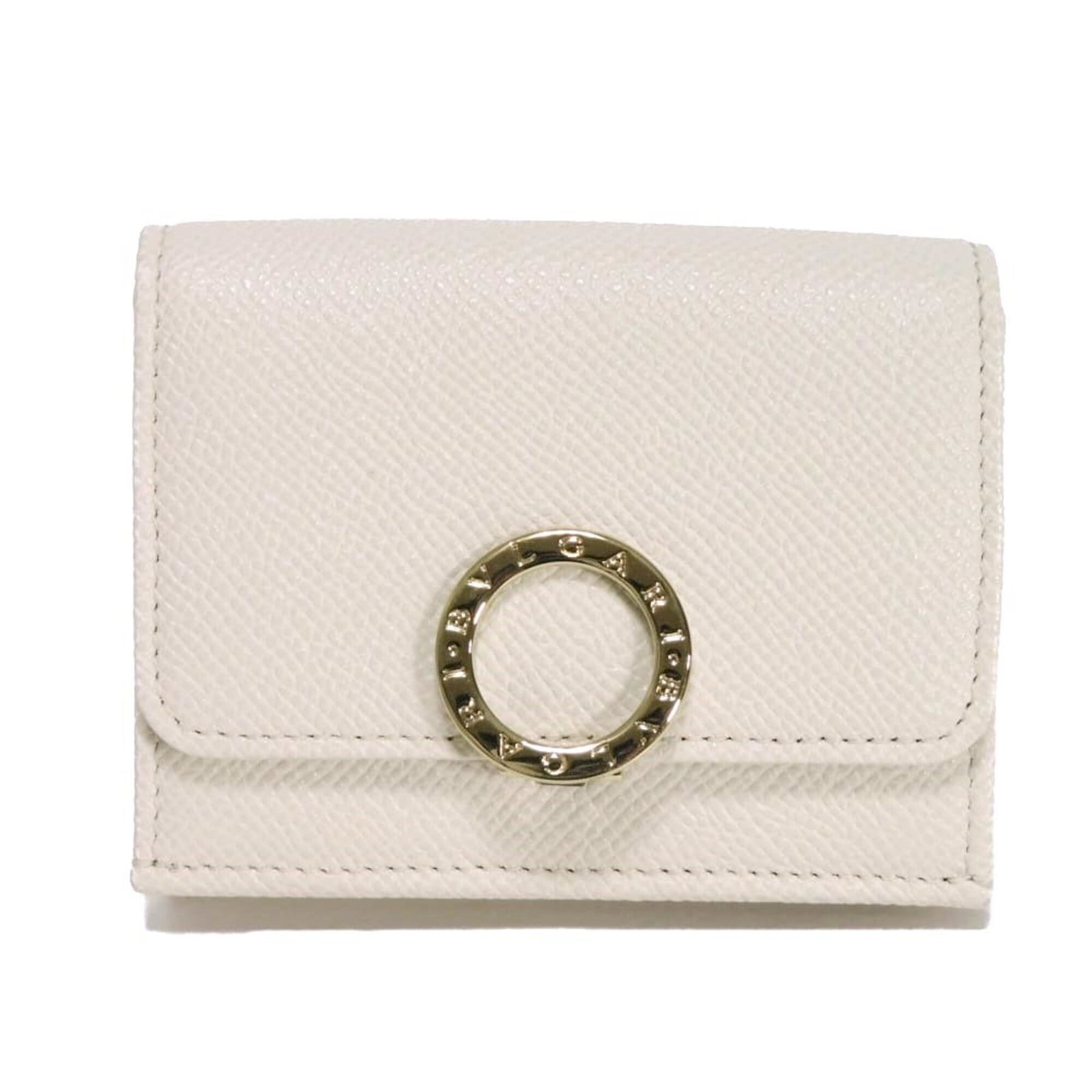 Bvlgari Wallet (Tri-Fold) Leather: Bvlgari Wallet (Tri-Fold) Leather Bvlgari's tri-fold leather wallet boasts a sleek, white embossed design that adds a touch of sophistication to any outfit. Made from high-quality leather, this wallet