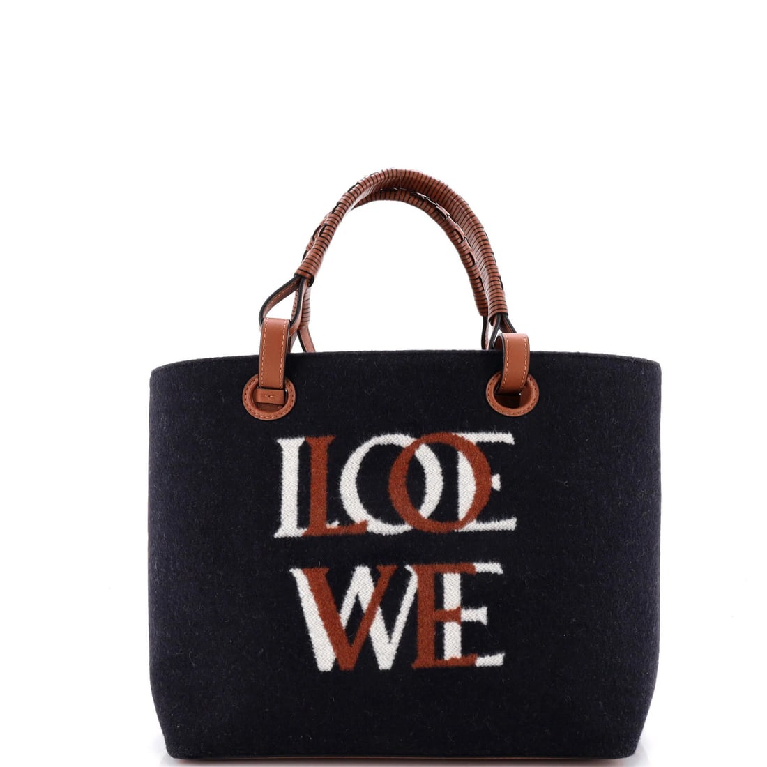 Love Loewe Wool Anagram Small Leather Tote: Love Loewe Wool Anagram Small Leather Tote Small Blue Wool Anagram Tote with Leather Interior. This Love Anagram Tote features a wool exterior in blue, with a leather interior in brown. The tote has