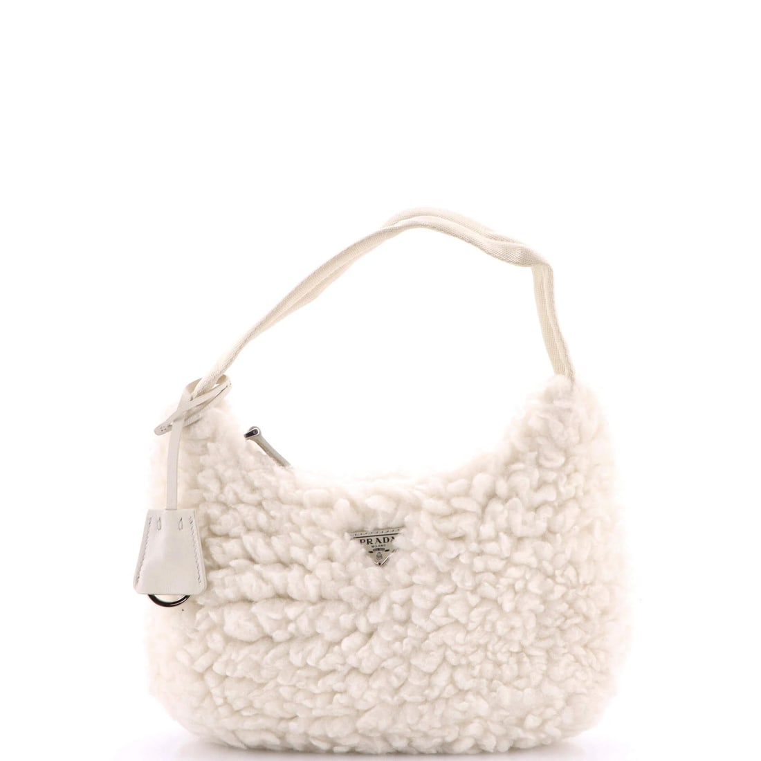 Prada Re-Edition 2000 Hobo Cashmere Mini: Prada Re-Edition 2000 Hobo Cashmere Mini White Prada Re-Edition 2000 Hobo Cashmere Mini with a neutral interior and silver hardware, featuring a classic hobo design with a 6.5" handle drop. The item h