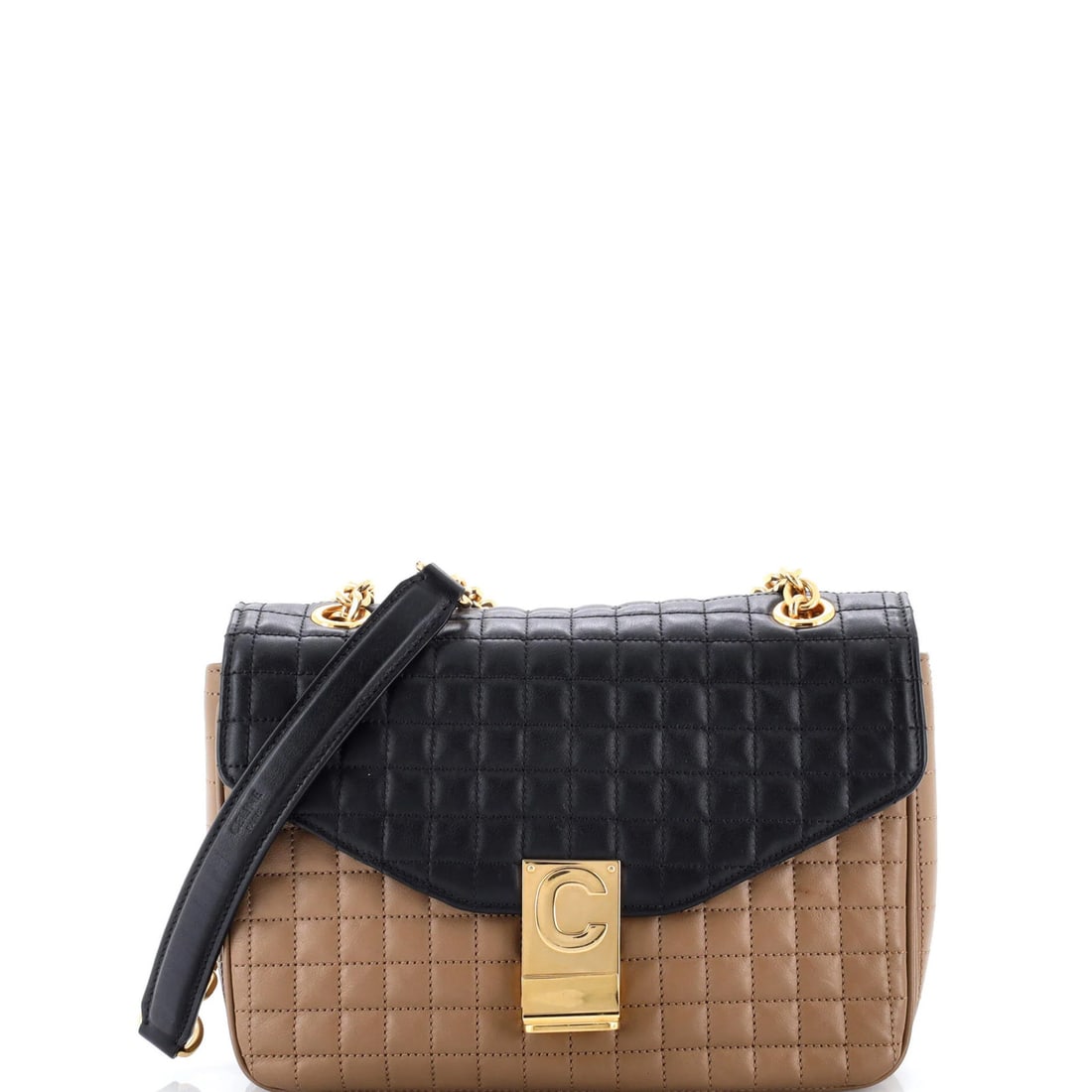 Quilted Leather Celine Medium Bag: Quilted Leather Celine Medium Bag The Celine Medium Bag boasts a striking quilted leather exterior in sleek black, complemented by rich brown interior and gold hardware. Measuring 6" tall and 8.5" wid